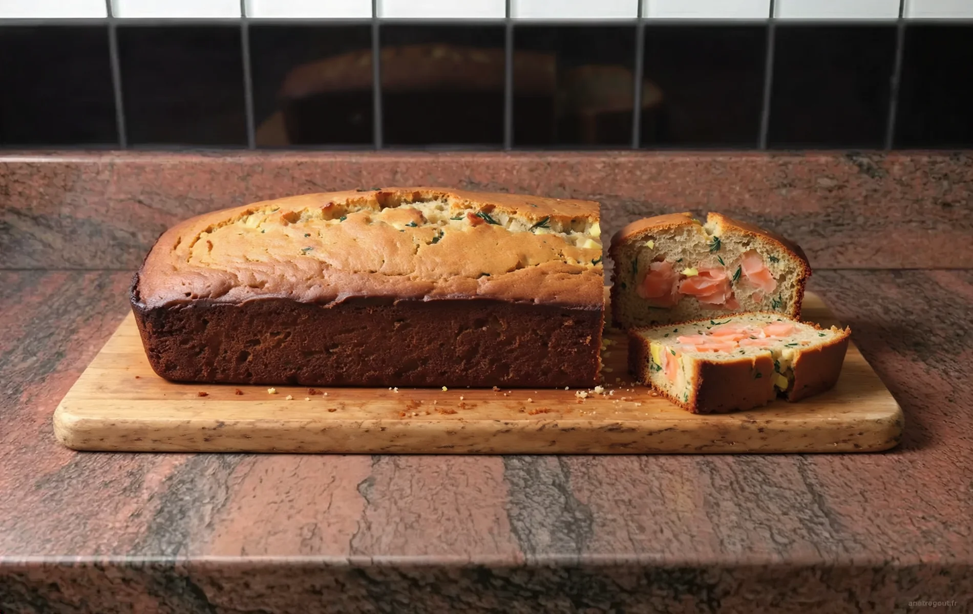 Cake au saumon maison entier pr&eacute;sent&eacute; sur une planche en bois, avec une tranche d&eacute;coup&eacute;e r&eacute;v&eacute;lant une mie moelleuse garnie de d&eacute;s de saumon et d'aneth.