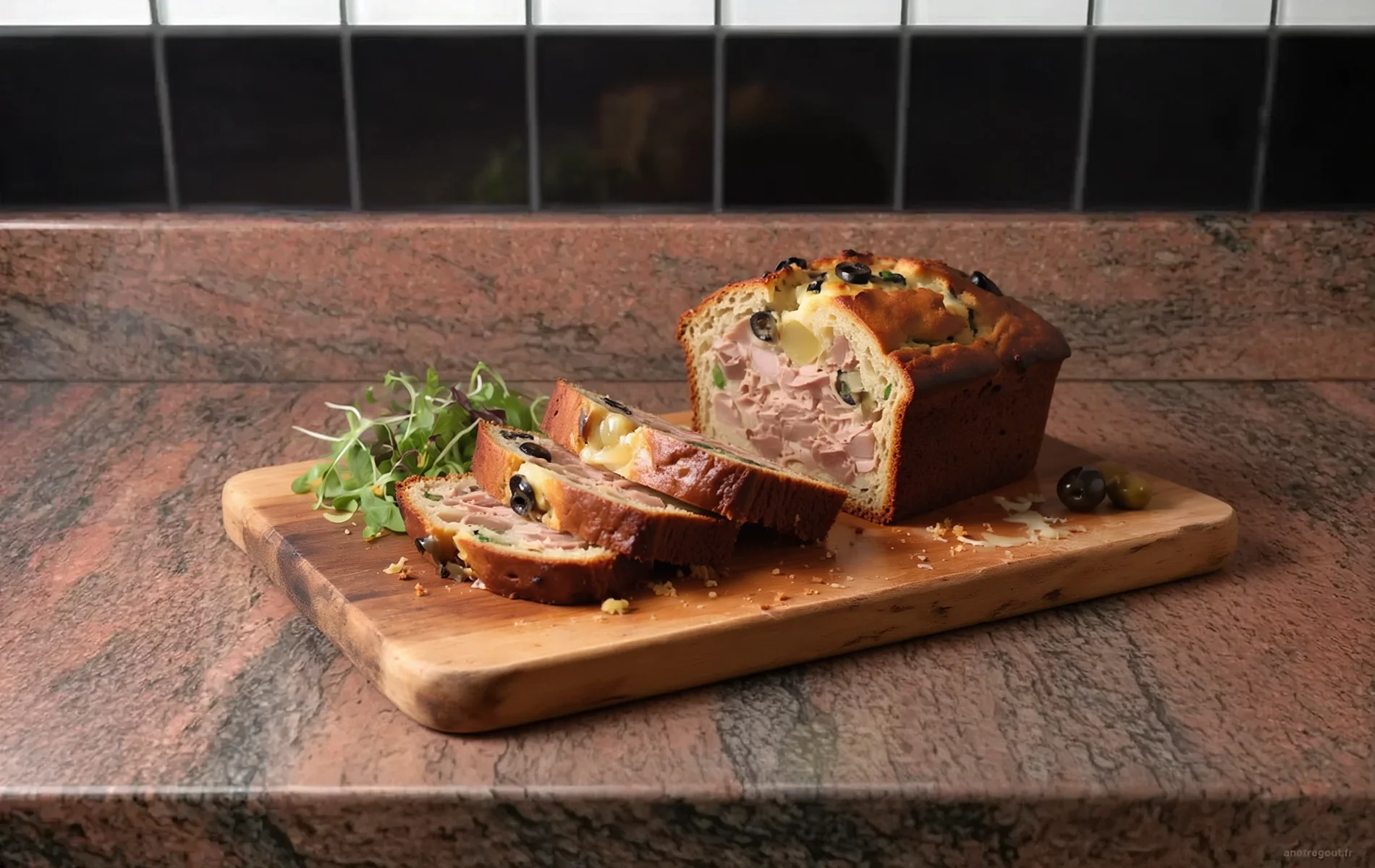 Cake salé au thon, fromage et olives, coupé en tranches et servi sur une planche en bois avec une salade verte.