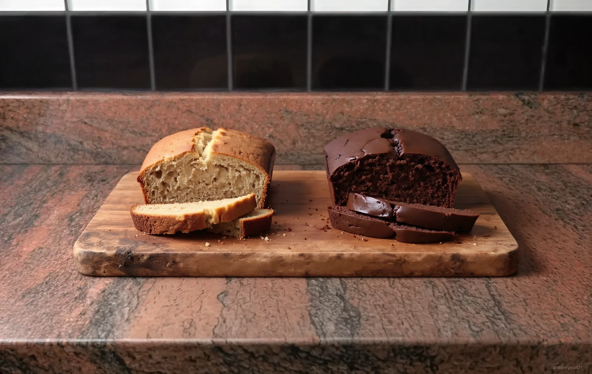 Deux cakes au lait concentr&eacute; sucr&eacute; pr&eacute;sent&eacute;s c&ocirc;te &agrave; c&ocirc;te sur une planche en bois