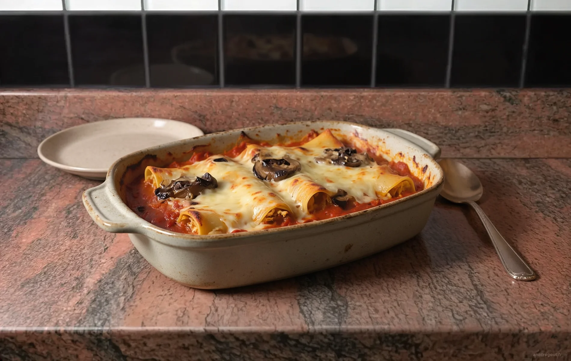Cannellonis au potiron gratin&eacute;s au parmesan, napp&eacute;s de sauce tomate aux c&egrave;pes et pr&eacute;sent&eacute;s dans un plat familial.
