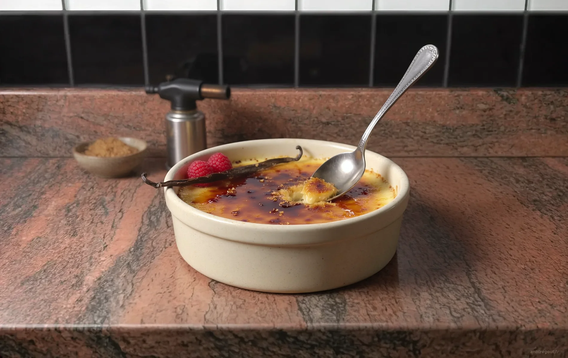 Cr&egrave;me br&ucirc;l&eacute;e maison &agrave; la vanille avec une fine couche de sucre caram&eacute;lis&eacute;.