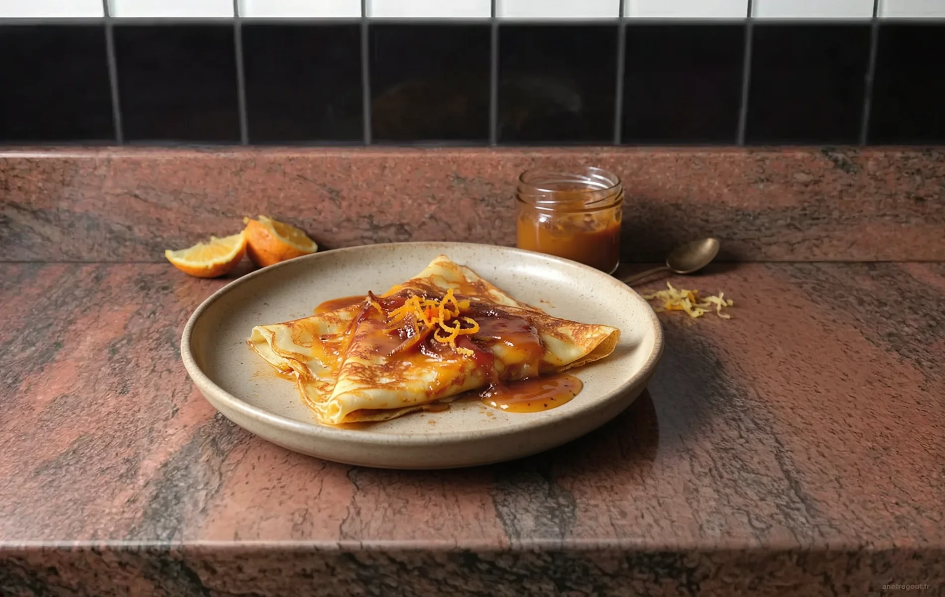 Crêpe Suzette chaude pliée en triangle, nappée de beurre aux agrumes fondant et garnie de zestes d'orange, présentée dans une assiette en grès avec un petit pot de beurre Suzette et des quartiers d'orange et de citron.
