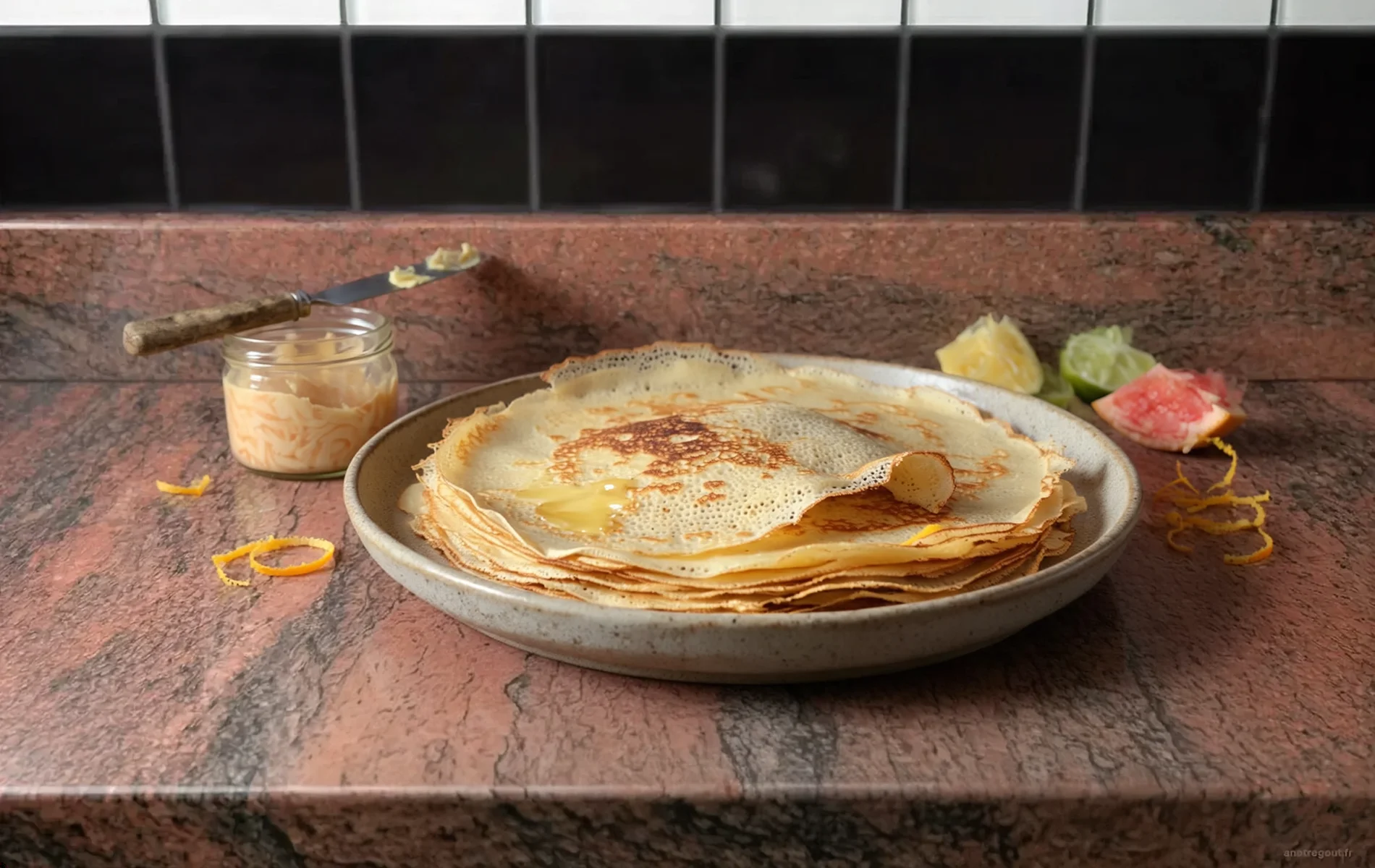 Pile de fines crêpes bretonnes au froment garnies de beurre Suzette fondant, présentées sur une assiette en grès avec un petit pot de beurre aux agrumes, des zestes et des quartiers d'agrumes.