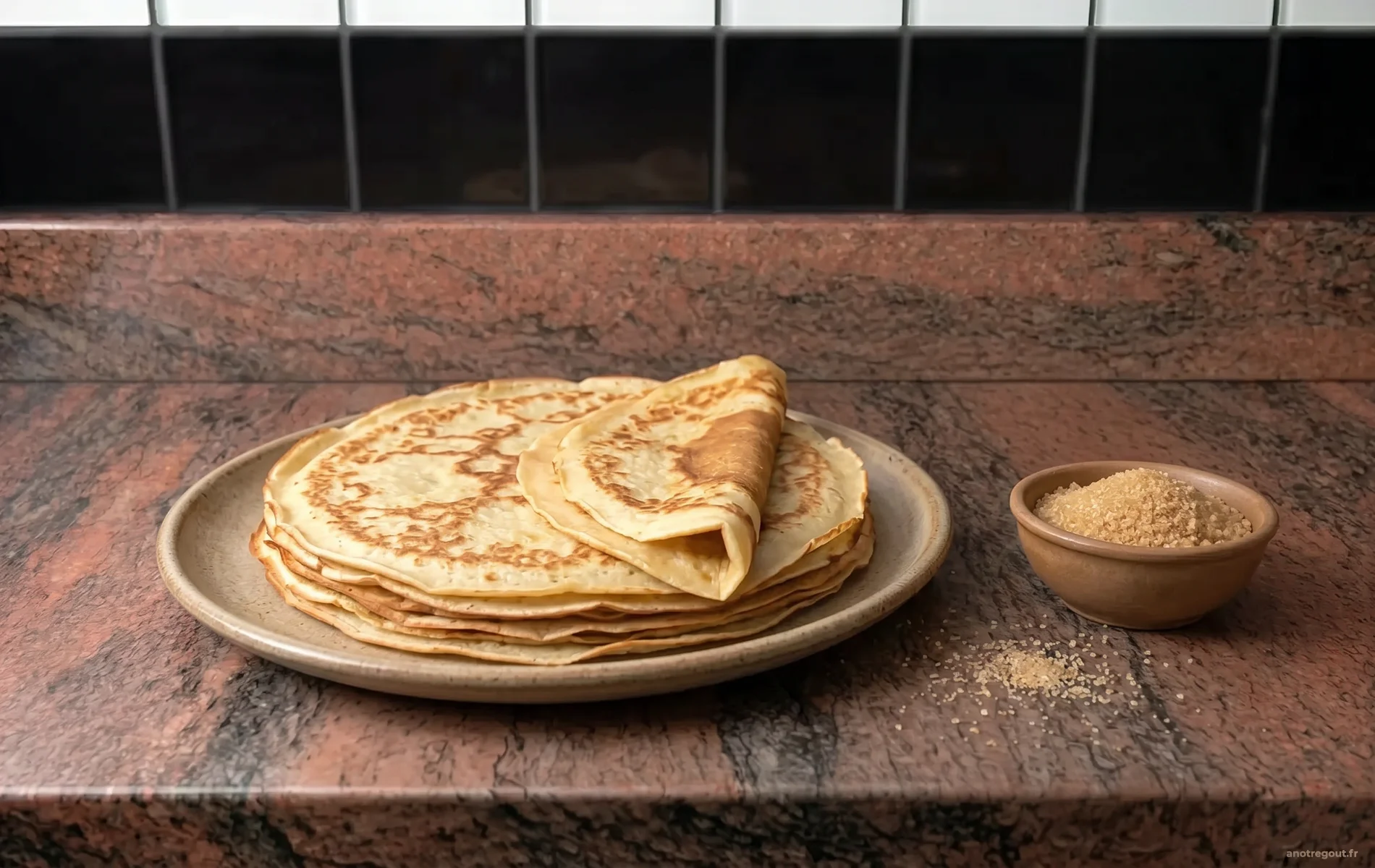 Pile de cr&ecirc;pes du Nord &agrave; la levure boulang&egrave;re, &eacute;paisses et moelleuses, pr&eacute;sent&eacute;es dans une assiette en gr&egrave;s avec un petit bol de vergeoise blonde.