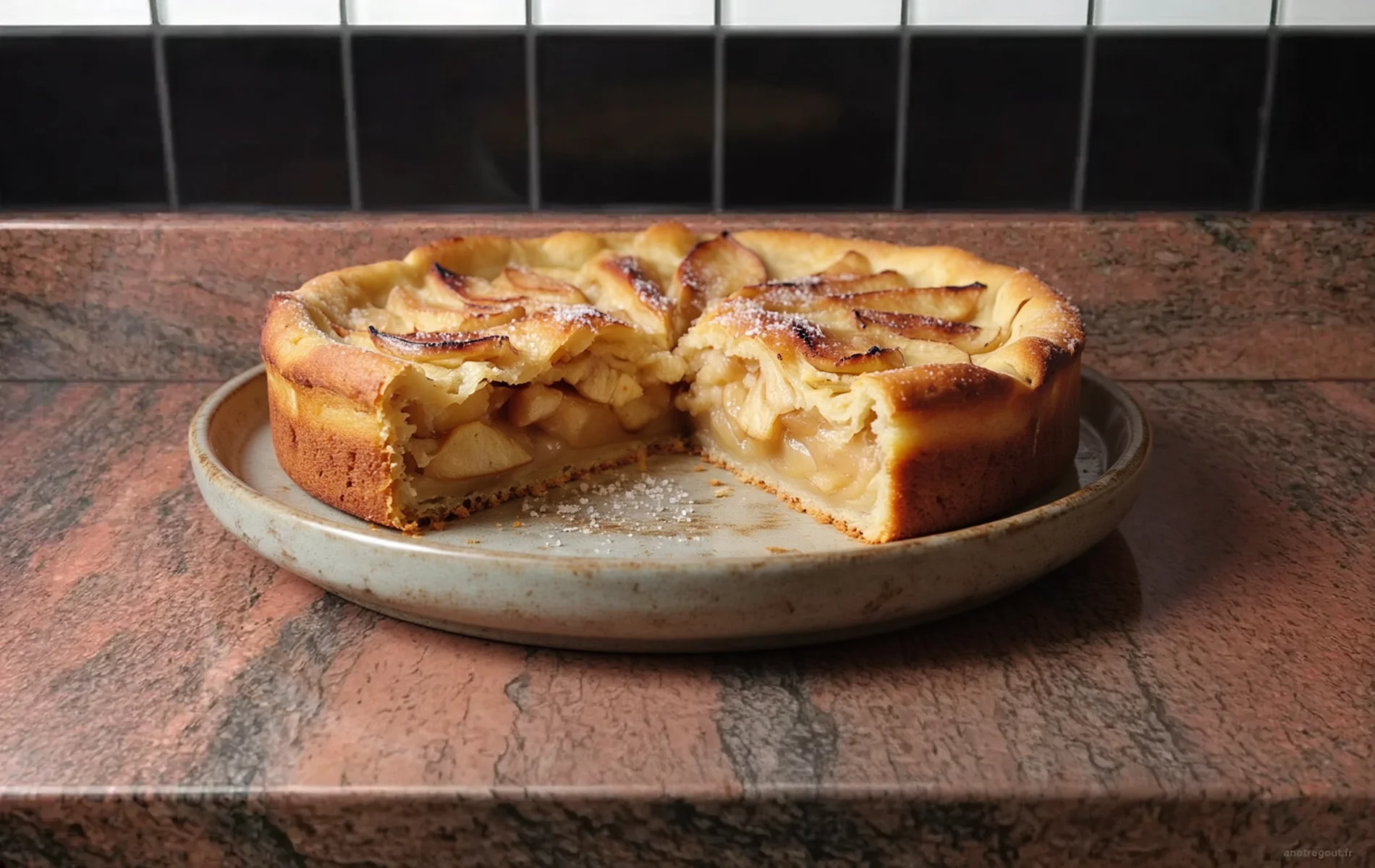 Cr&eacute;piau aux pommes &eacute;pais et dor&eacute;, d&eacute;coup&eacute; en parts sur un plat en c&eacute;ramique, avec des morceaux de pomme visibles &agrave; l&rsquo;int&eacute;rieur.