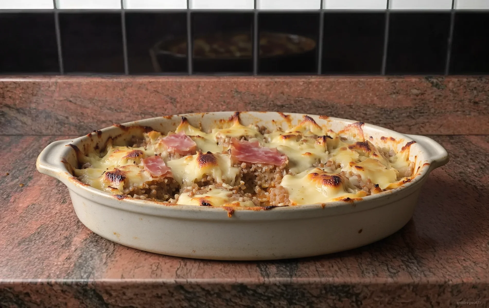 Croziflette savoyarde gratin&eacute;e au reblochon avec des crozets et du jambon cru dans un plat familial.