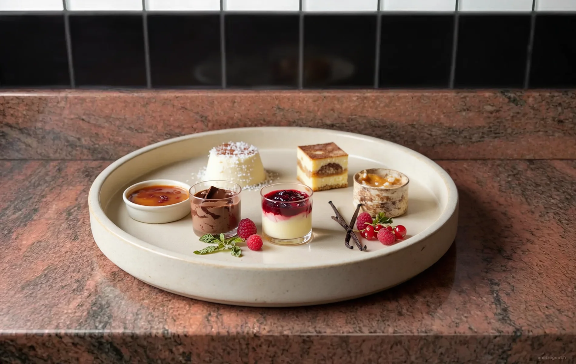 Assortiment d'entremets maison pr&eacute;sent&eacute; sur un plateau en gr&egrave;s : cr&egrave;me br&ucirc;l&eacute;e, blanc-manger coco, panna cotta, verrines aux fruits rouges et autres desserts raffin&eacute;s.