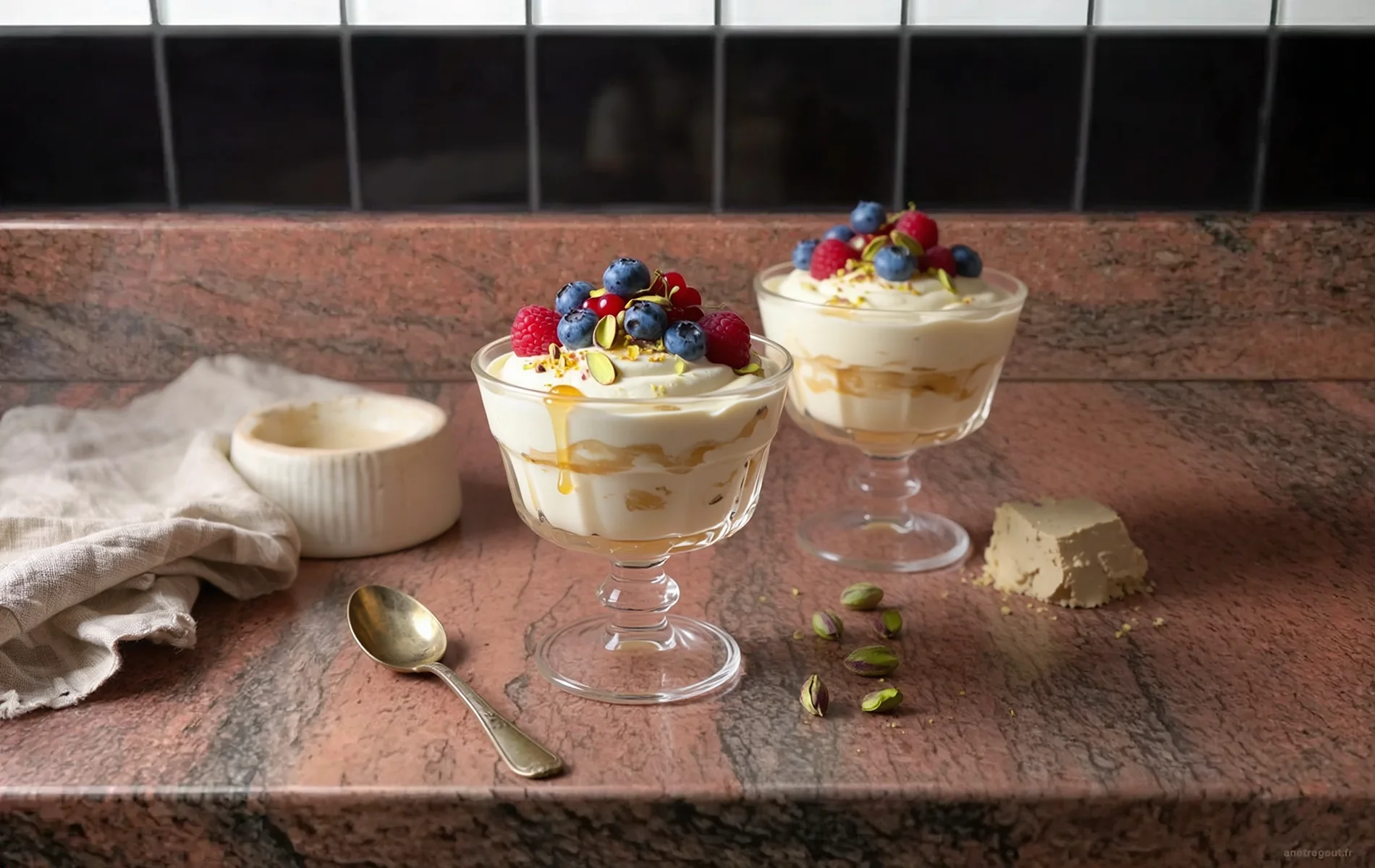 Fontainebleau maison à base de fromage blanc et de crème fouettée, garni de fruits rouges, pistaches et miel, accompagné d'une variante au halva.