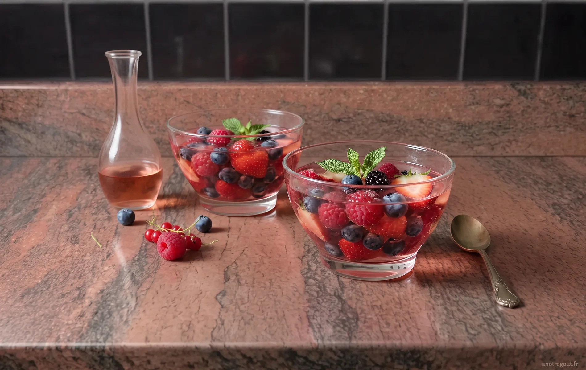 Trois coupes de fruits rouges au rosé en gelée, garnies de fraises, framboises, myrtilles, mûres, groseilles et feuilles de menthe fraîche.