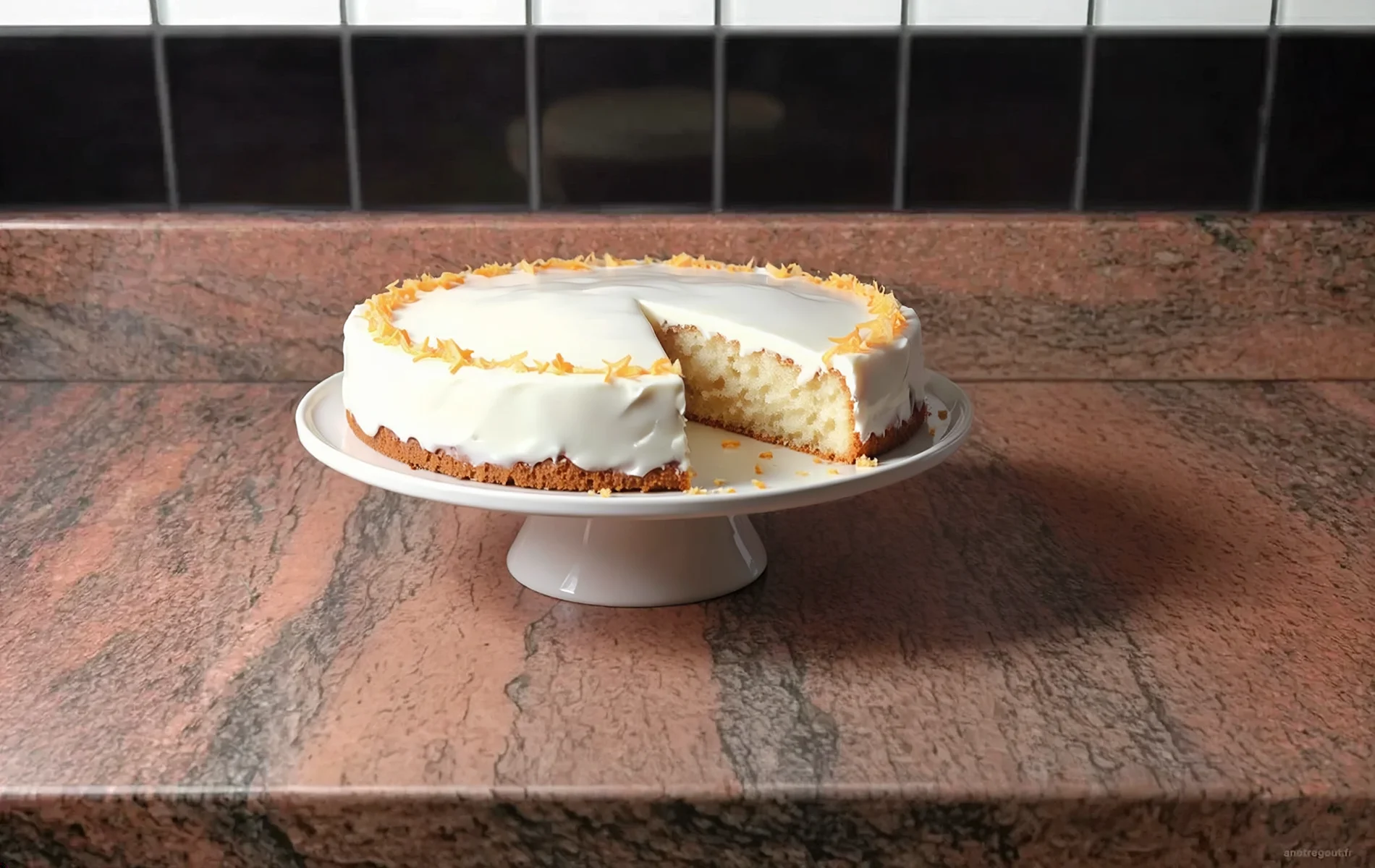 G&acirc;teau neige maison recouvert d'un gla&ccedil;age blanc et d&eacute;cor&eacute; de zestes d'orange, pr&eacute;sent&eacute; sur un plat &agrave; g&acirc;teau
