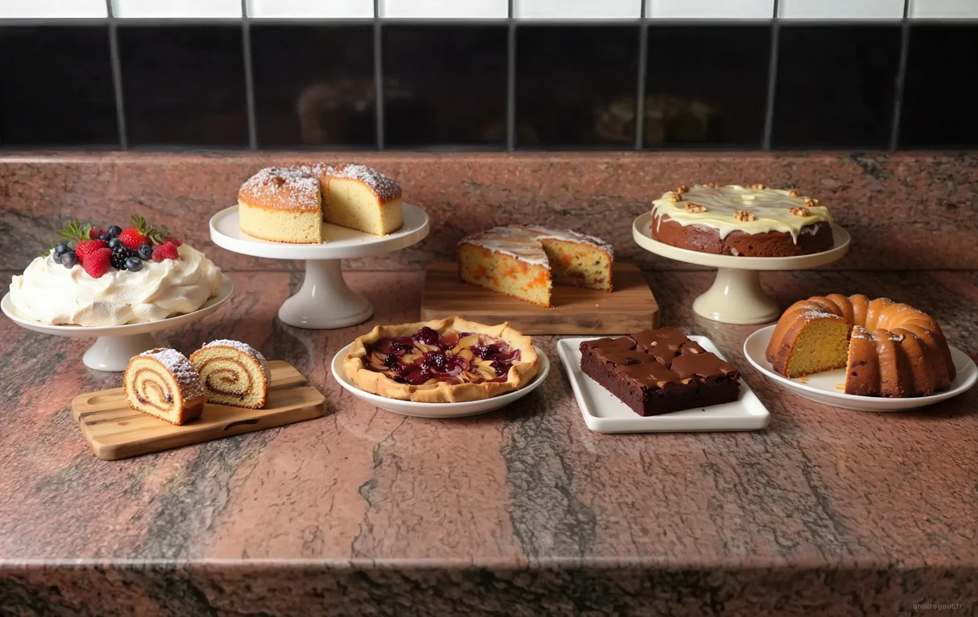 Assortiment de g&acirc;teaux &agrave; partager comprenant une pavlova, un g&acirc;teau &eacute;ponge, un brownie, une tarte, un cake, un roul&eacute; et plusieurs sp&eacute;cialit&eacute;s maison pr&eacute;sent&eacute;s sur des plats de service.