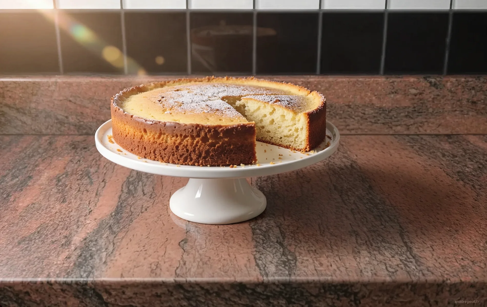 G&eacute;noise maison l&eacute;g&egrave;re et moelleuse pr&eacute;sent&eacute;e sur un plat &agrave; g&acirc;teau blanc, avec une part d&eacute;coup&eacute;e r&eacute;v&eacute;lant une mie fine, a&eacute;r&eacute;e et r&eacute;guli&egrave;re, l&eacute;g&egrave;rement saupoudr&eacute;e de sucre glace.