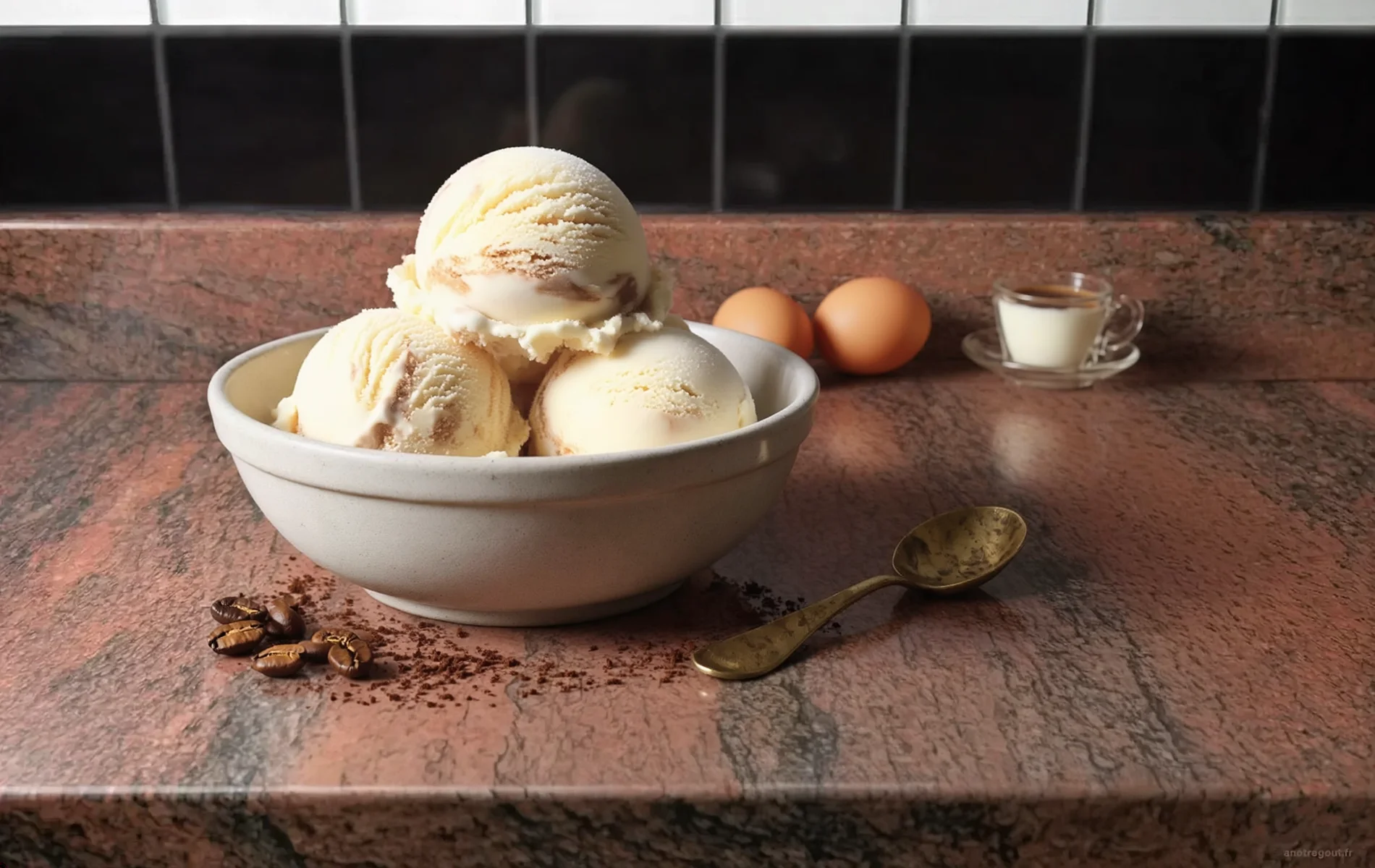 Glace maison au mascarpone et au caf&eacute; servie dans un bol en gr&egrave;s, d&eacute;cor&eacute;e de quelques grains de caf&eacute;.