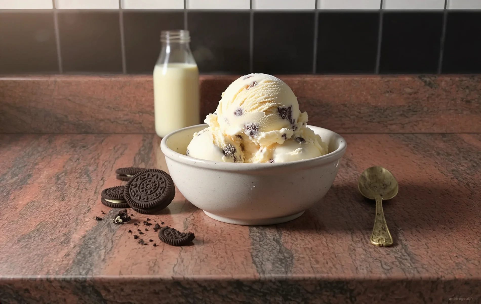 Glace maison aux Oreos servie dans un bol avec des morceaux de biscuits Oreo.