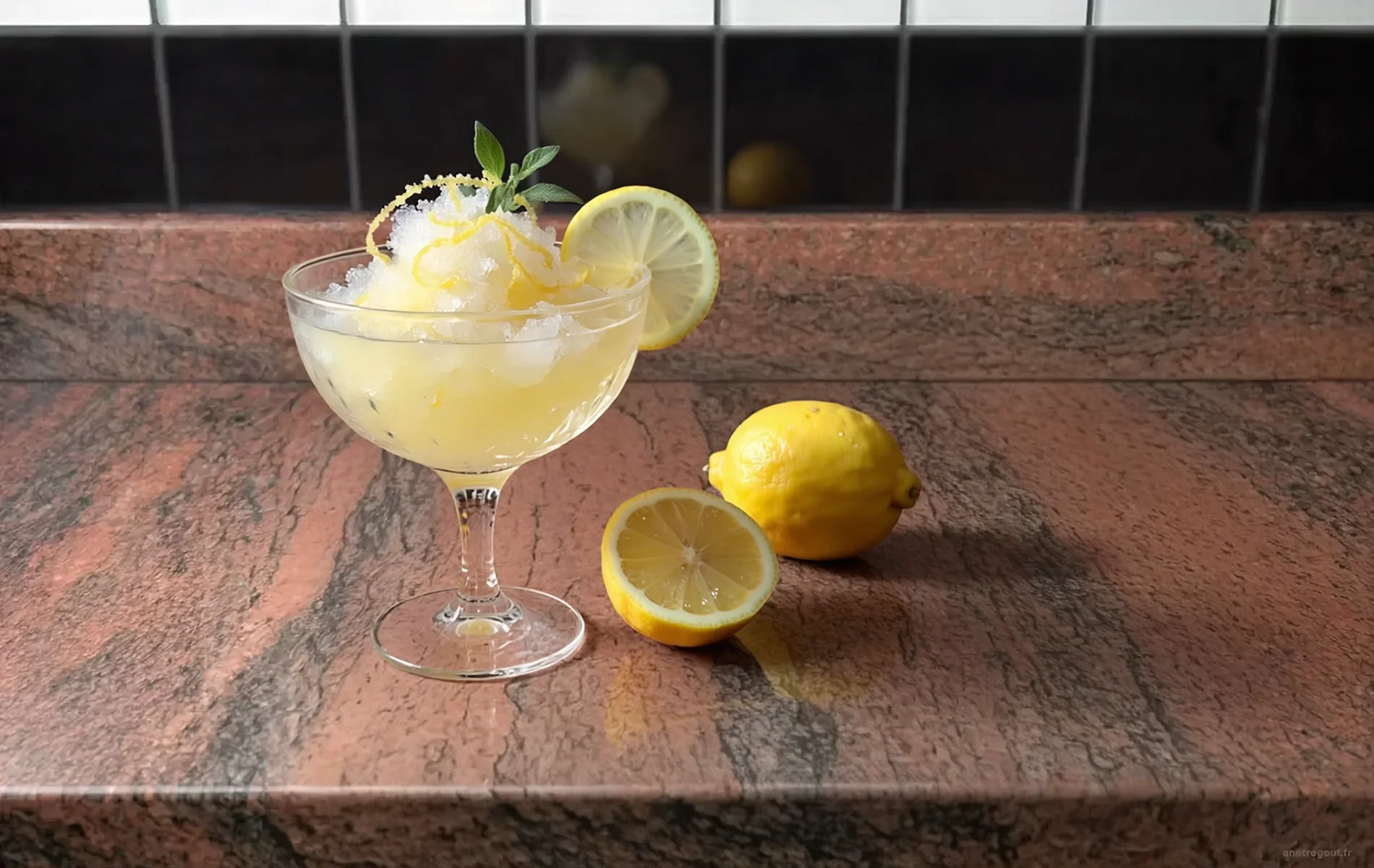 Granité aux citrons de Nice servi dans une coupe en verre avec zestes de citron et feuilles de verveine.