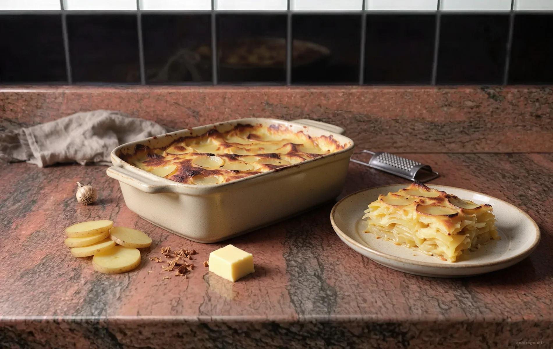 Gratin dauphinois dor&eacute; servi dans un plat en verre avec une cuill&egrave;re en bois, pos&eacute; sur un plan de travail en granit rouge devant un fond de carreaux noirs.