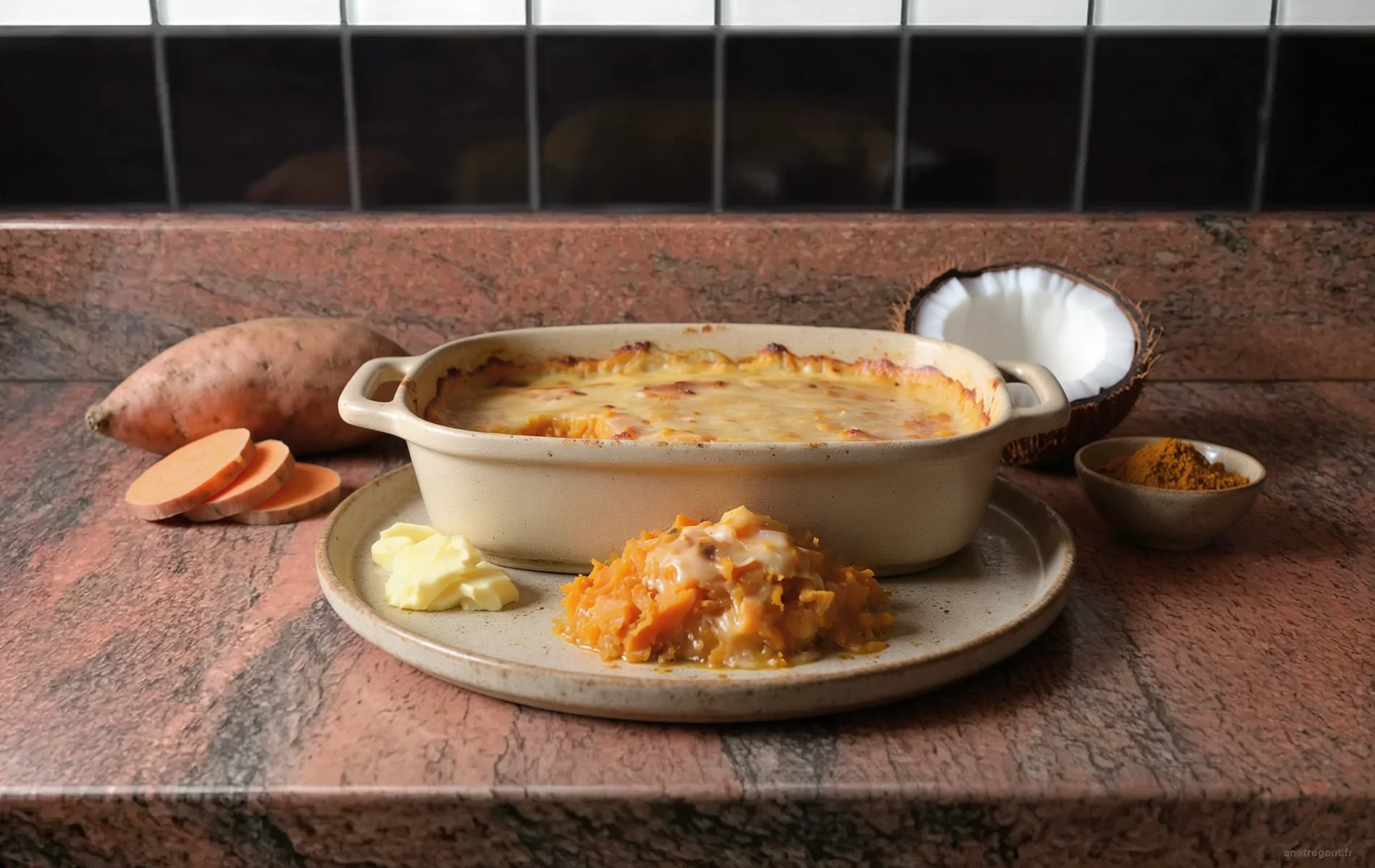 Gratin de patates douces au lait de coco et curry présenté dans un plat en céramique, accompagné d'une portion fondante révélant une texture crémeuse et légèrement orangée.