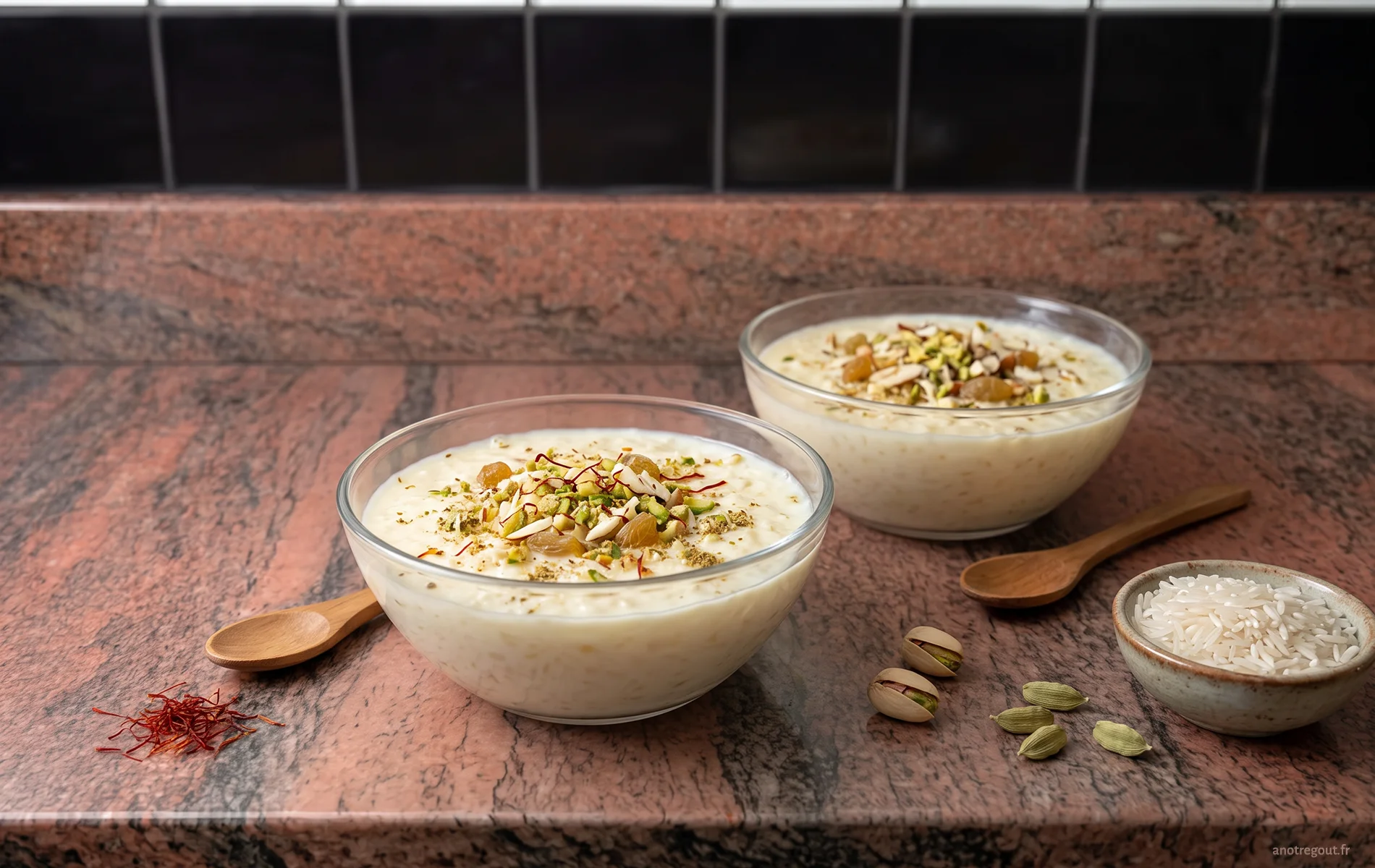 Khir ou Kheer, riz au lait indien parfum&eacute; &agrave; la cardamome et au safran, garni de pistaches, amandes et raisins secs.