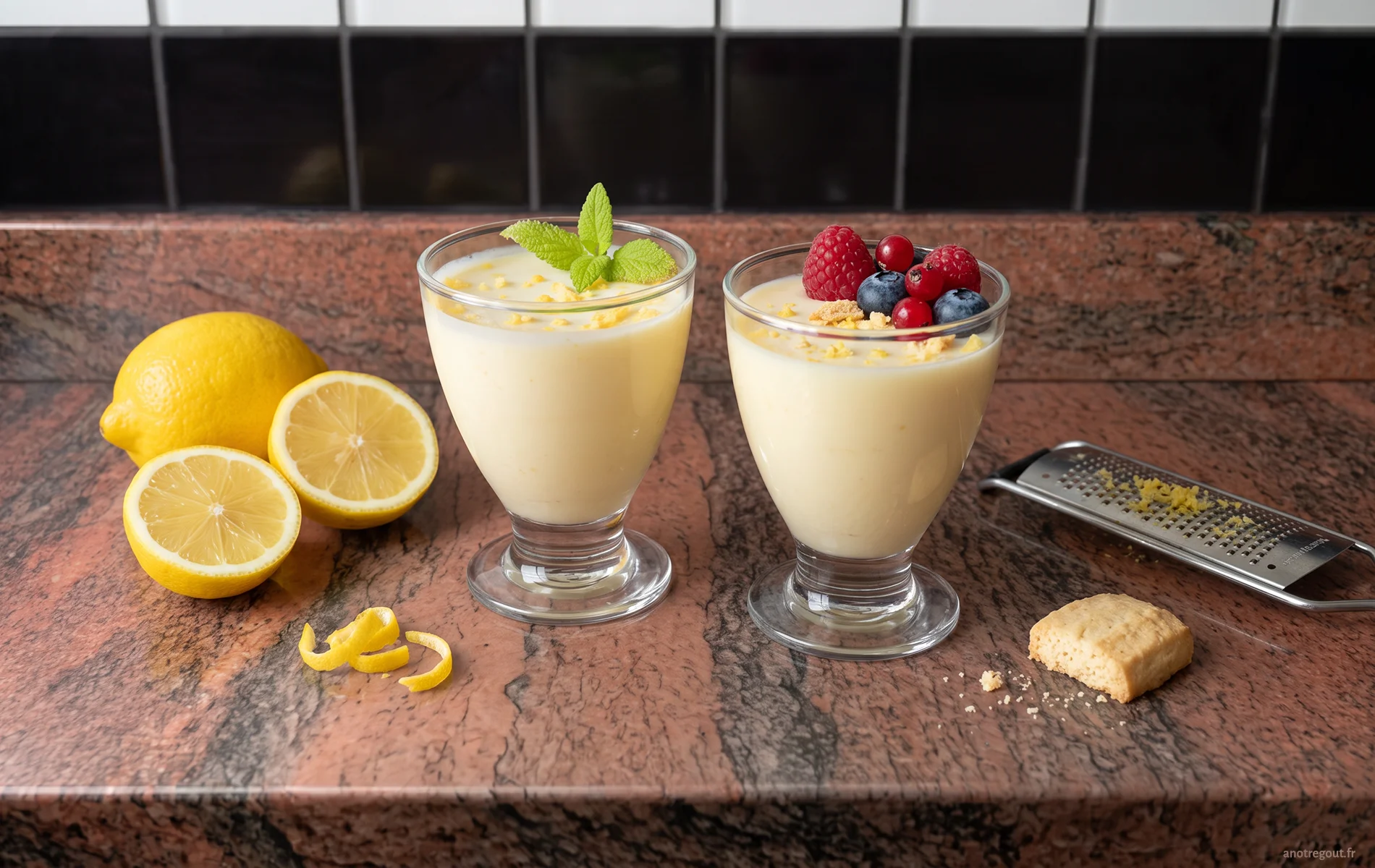 Lemon Posset, cr&egrave;me prise anglaise au citron servie en verrines avec fruits rouges, zestes de citron et biscuits shortbread.