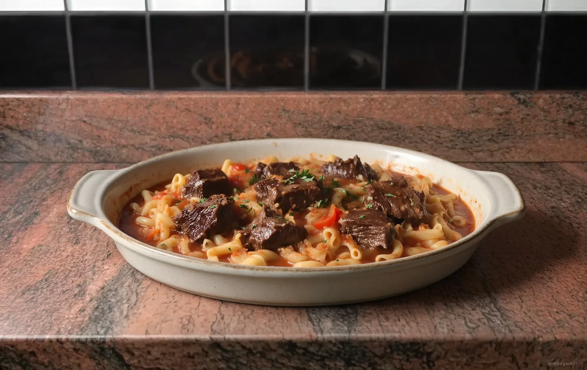 Macaroni &agrave; la viande de b&oelig;uf mijot&eacute;e avec des tomates et des carottes dans un plat familial.