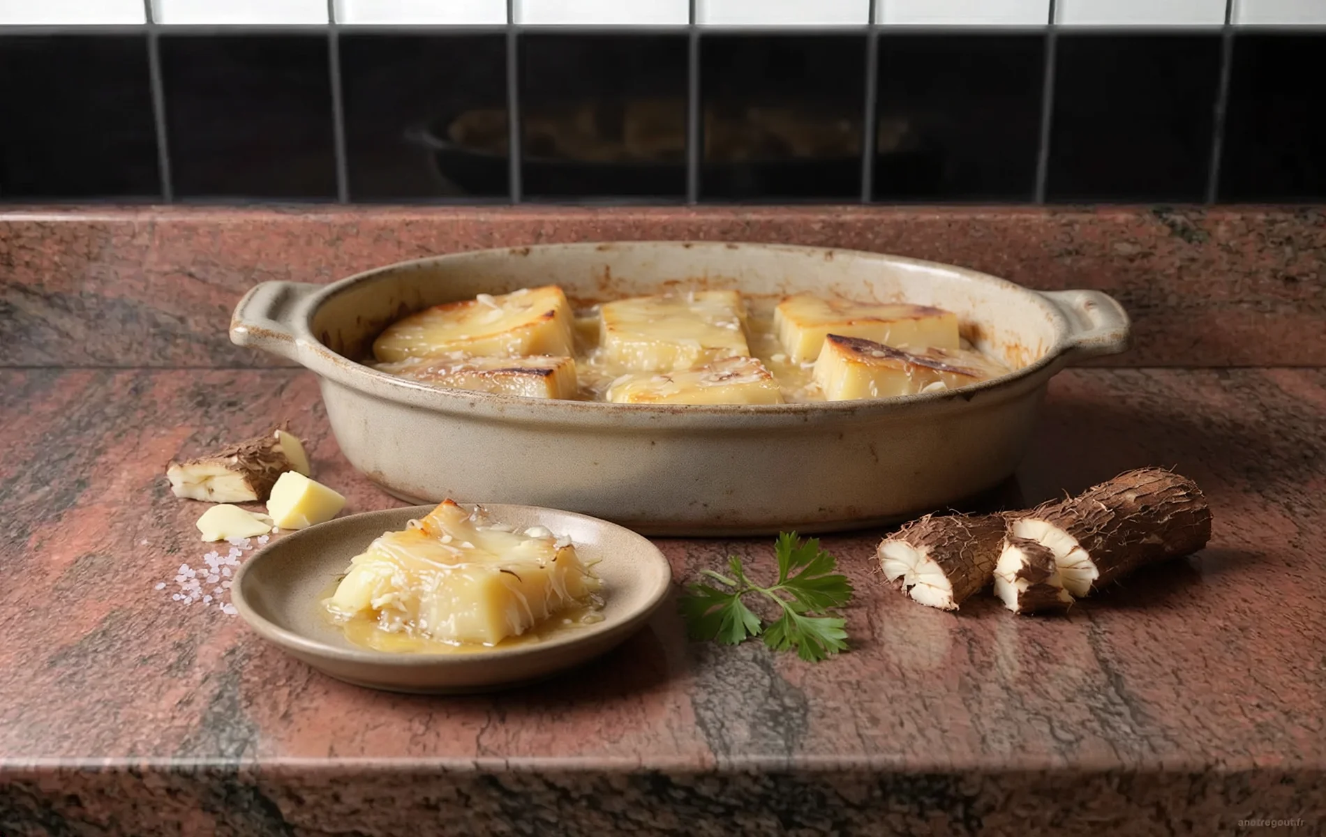 Plat de manioc au beurre fondant, servi dans un plat en c&eacute;ramique avec une portion napp&eacute;e de beurre fondu, accompagn&eacute; de morceaux de manioc frais