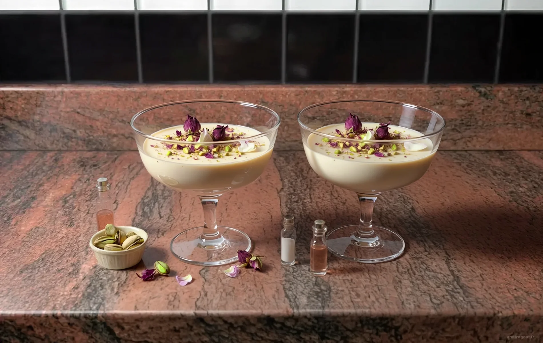 Mouhalabieh, flan traditionnel libanais parfum&eacute; &agrave; la fleur d'oranger et &agrave; l'eau de rose, servi en coupes avec des pistaches concass&eacute;es et des boutons de rose.
