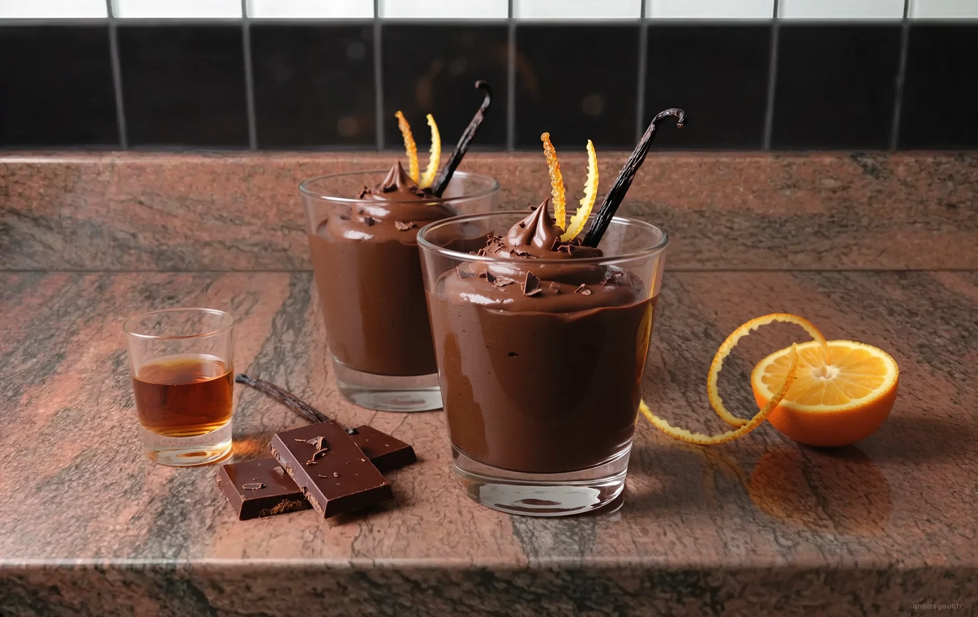 Mousse au chocolat parfum&eacute;e au Grand Marnier servie en verrines avec chantilly, &eacute;corces d'orange confites et copeaux de chocolat noir.