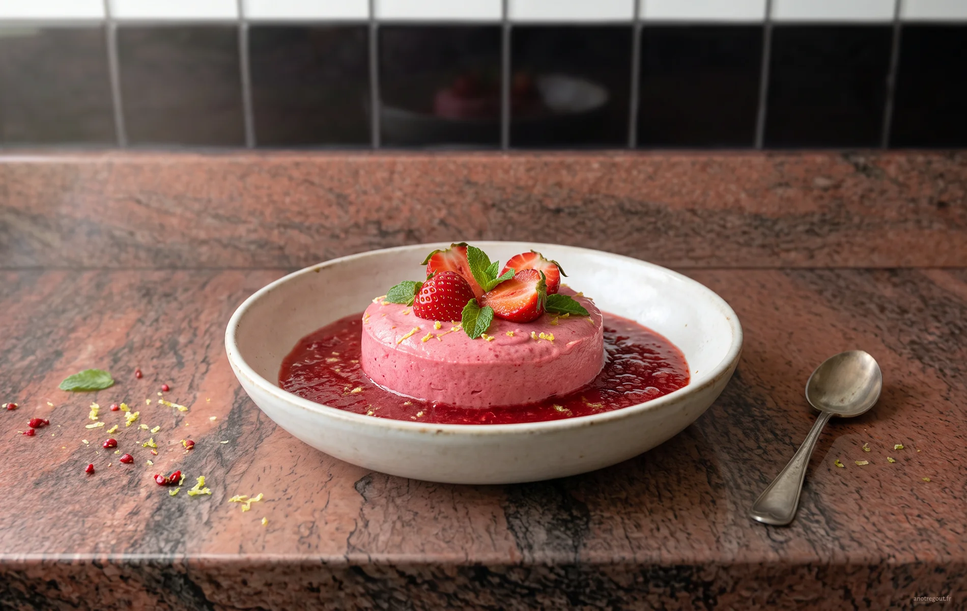 Mousse fomico à la fraise servie en île flottante sur un coulis de fraises avec quelques fruits frais.