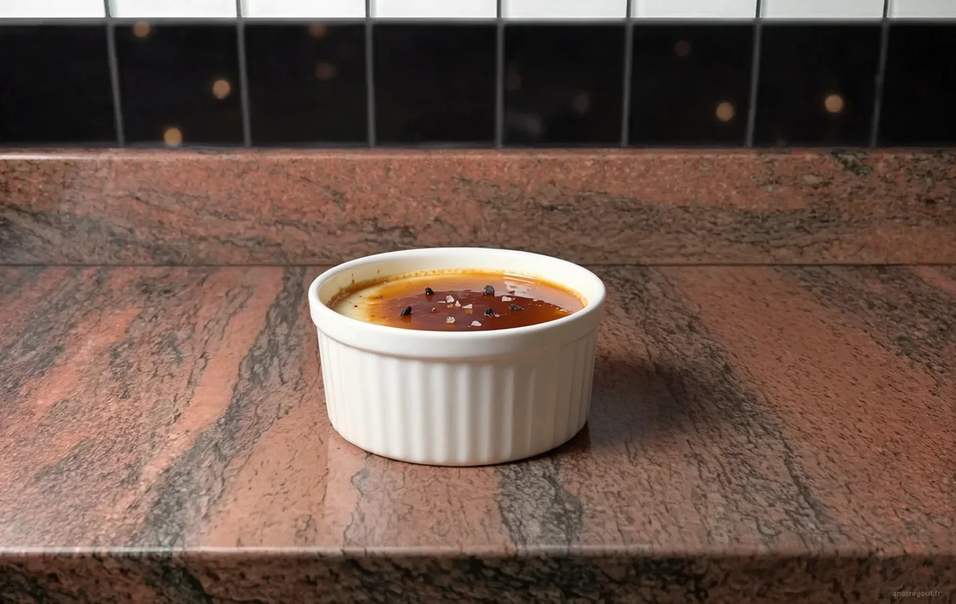 Panna cotta au caramel au beurre sal&eacute; servie dans un ramequin avec une fine couche de caramel et quelques cristaux de fleur de sel.