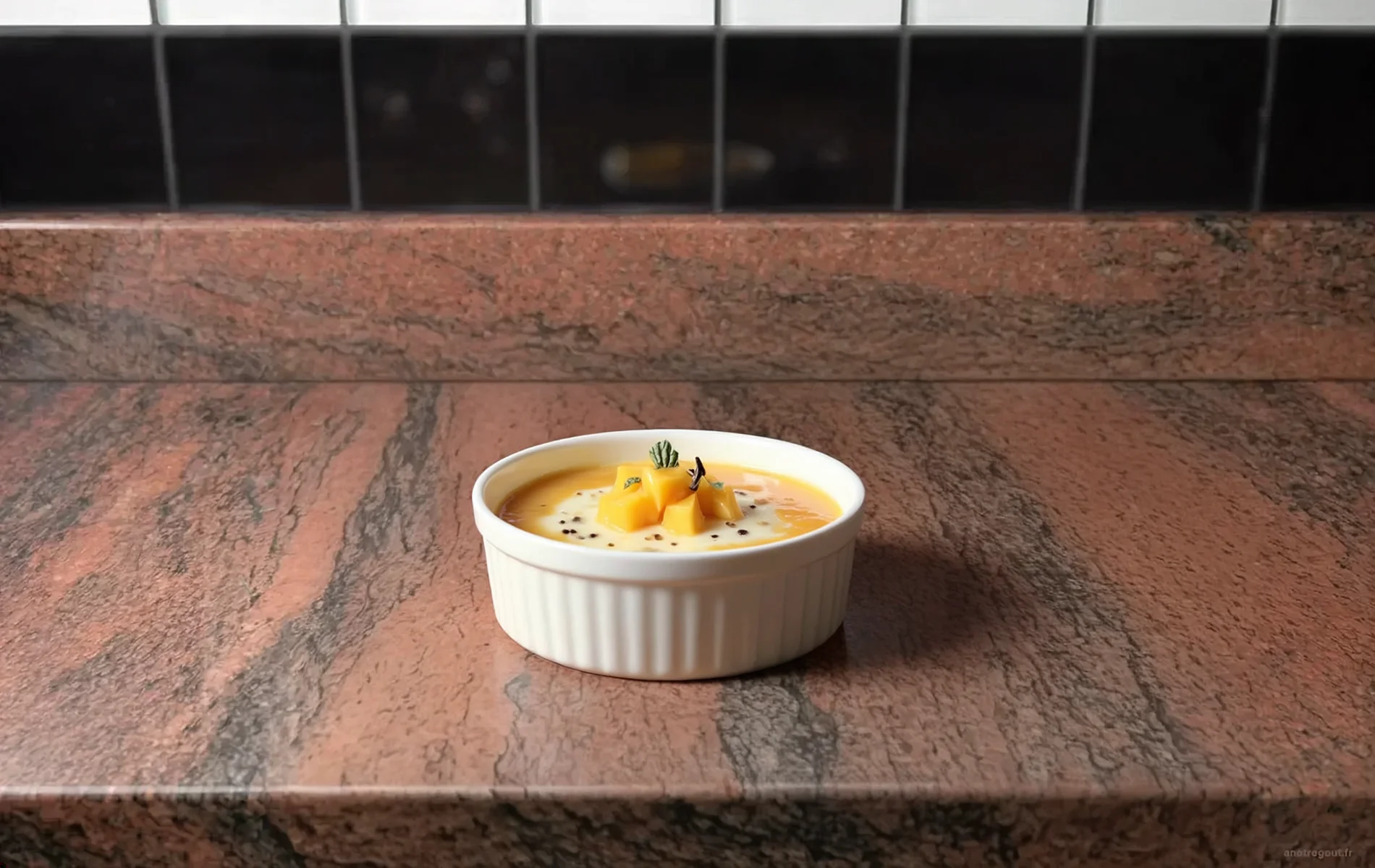 Panna cotta &agrave; la vanille pr&eacute;par&eacute;e avec de l'agar-agar, servie avec un coulis de mangue et des d&eacute;s de mangue fra&icirc;che.