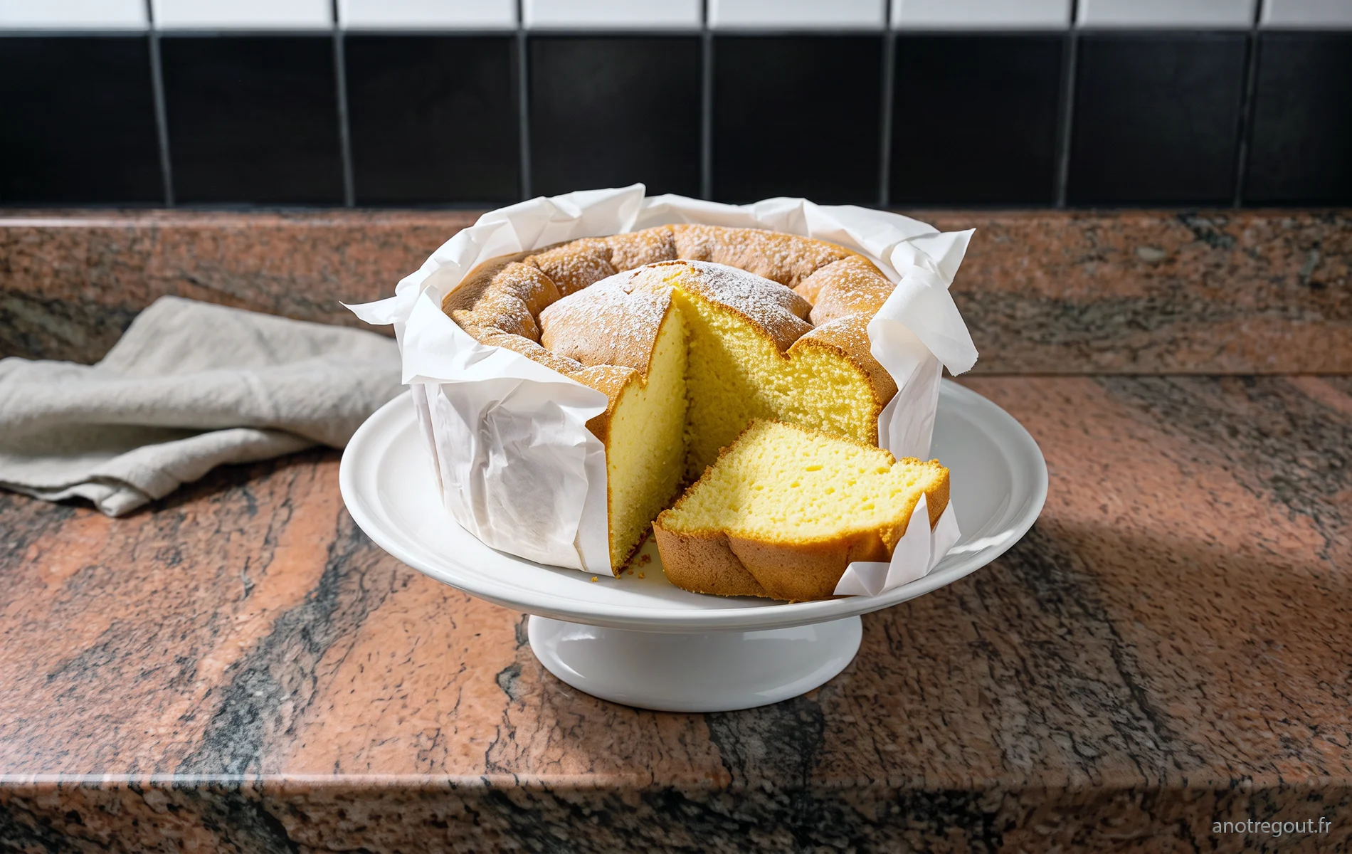 P&atilde;o de L&oacute; portugais traditionnel cuit dans son papier cuisson, pr&eacute;sent&eacute; sur un plat en c&eacute;ramique blanche avec une part d&eacute;coup&eacute;e r&eacute;v&eacute;lant une mie jaune, l&eacute;g&egrave;re et moelleuse.