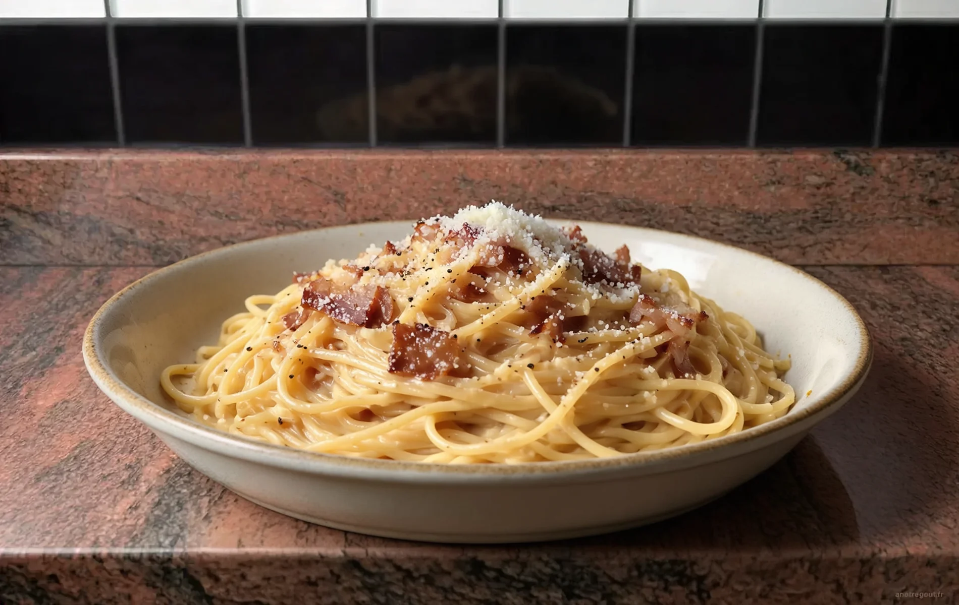 Pasta alla carbonara cr&eacute;meuses avec du guanciale, du pecorino et du poivre noir dans un plat familial.