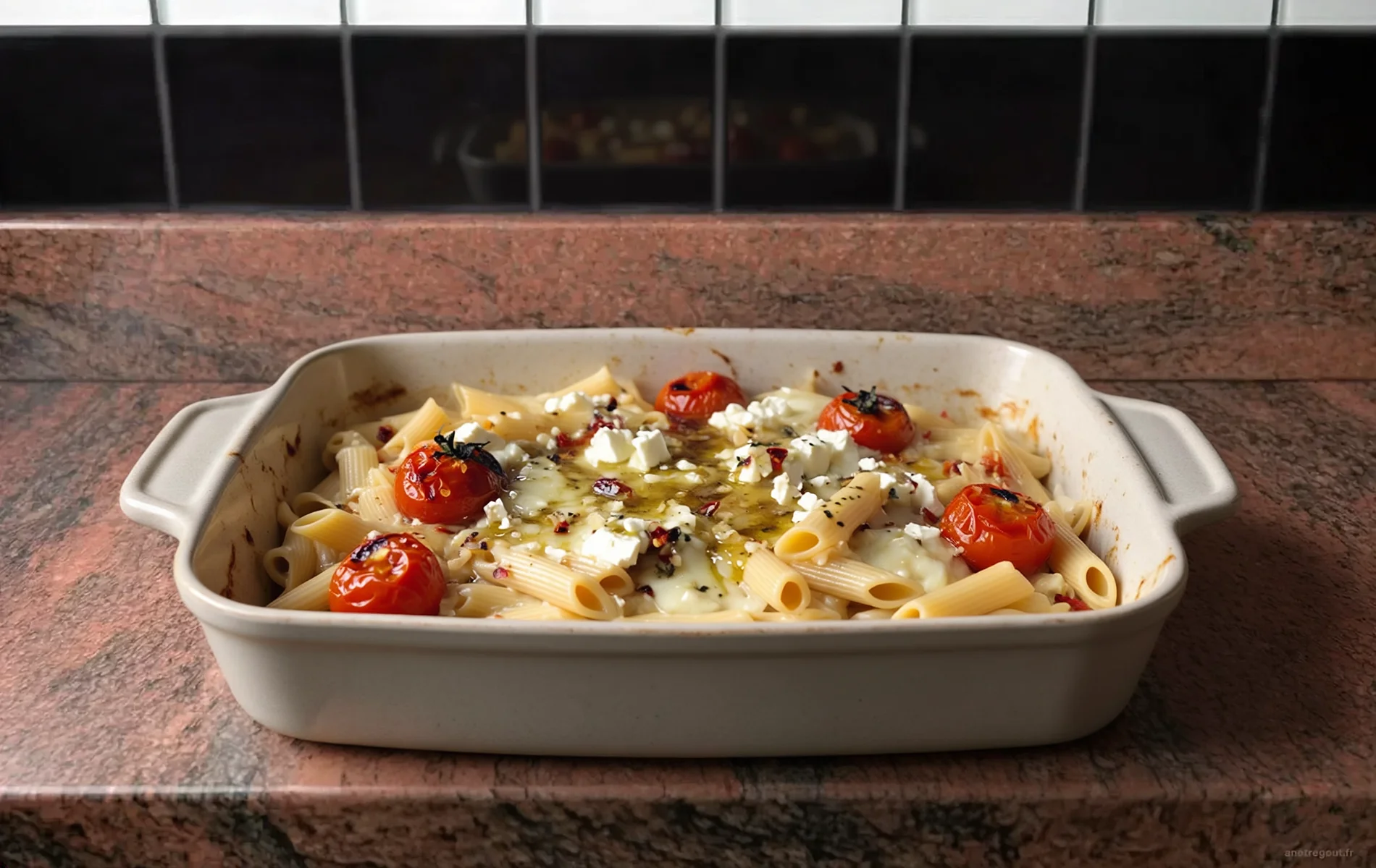 Gratin de p&acirc;tes &agrave; la feta r&ocirc;tie au four avec tomates cerises, ail et huile d&rsquo;olive, servi dans un plat en c&eacute;ramique.