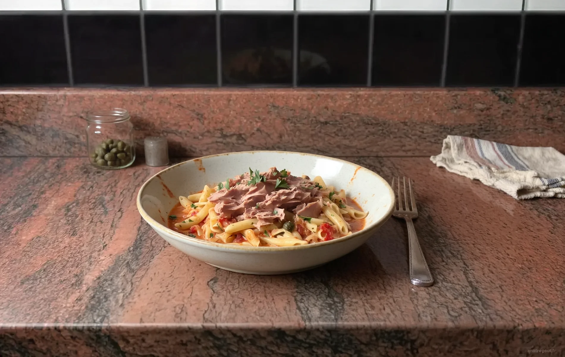P&acirc;tes napp&eacute;es d&rsquo;une sauce tomate cr&eacute;meuse au thon, aux c&acirc;pres et au persil, servies dans une assiette.