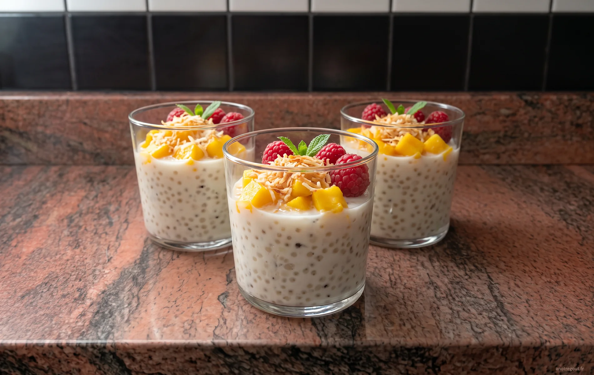 Trois verrines de perles du Japon au lait de coco garnies de d&eacute;s de mangue, de framboises, de noix de coco grill&eacute;e et de feuilles de menthe fra&icirc;che.