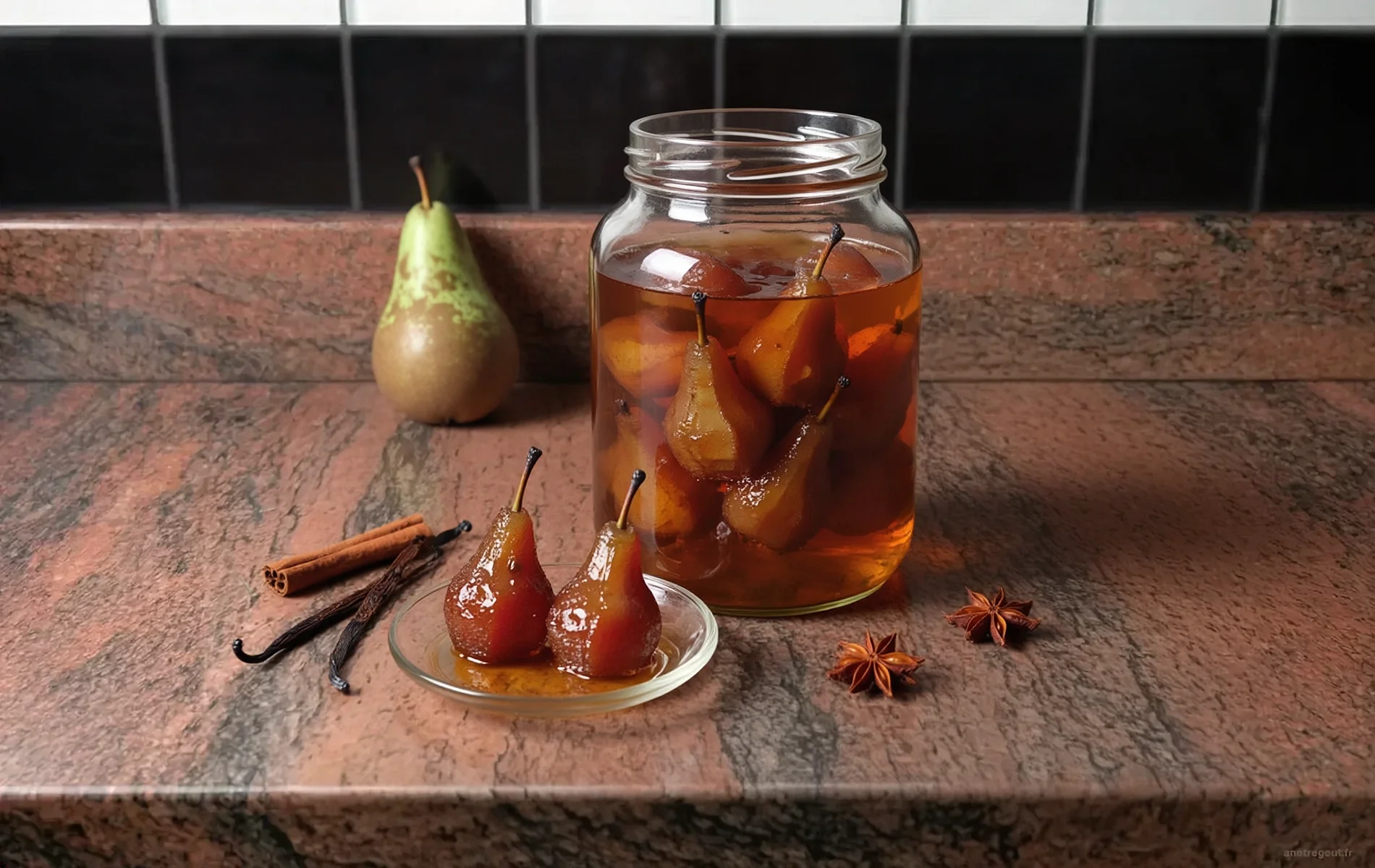 Petites poires conf&eacute;rence confites enti&egrave;res dans leur sirop, pr&eacute;sent&eacute;es dans un bocal en verre avec deux poires confites au premier plan, une poire fra&icirc;che, une demi-poire, de la vanille, de la cannelle et de la badiane.