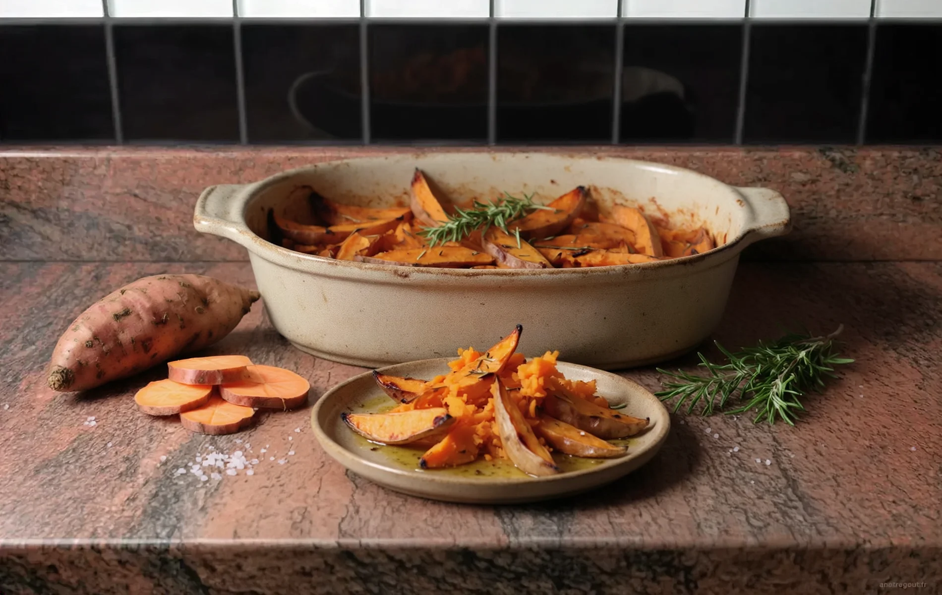 Patates douces r&ocirc;ties au romarin servies dans un plat en c&eacute;ramique beige, accompagn&eacute;es d'une portion dress&eacute;e dans une petite assiette, avec une patate douce enti&egrave;re, quelques rondelles et des brins de romarin frais.