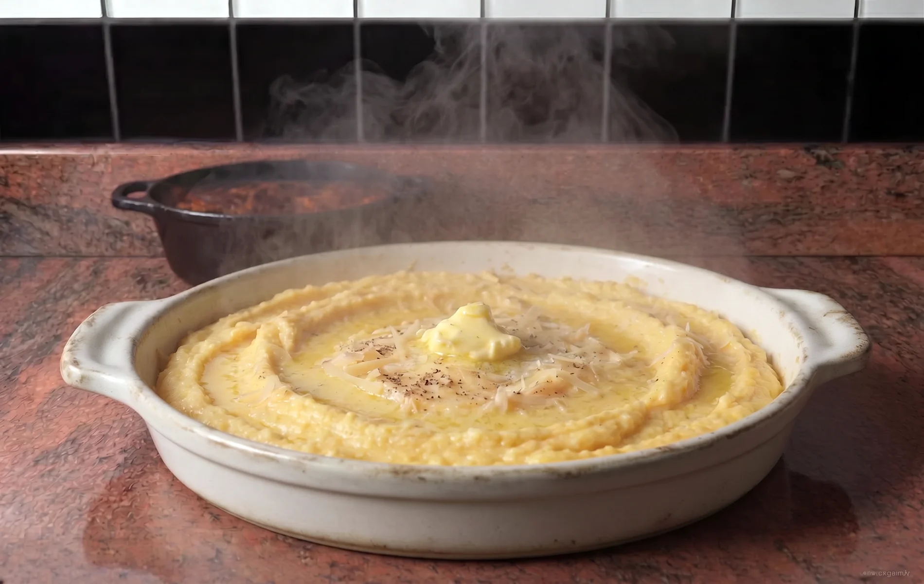 Polenta maison cr&eacute;meuse servie dans un plat en c&eacute;ramique, garnie de beurre fondant, de copeaux de fromage et de poivre noir, avec une cocotte de daube en arri&egrave;re-plan.