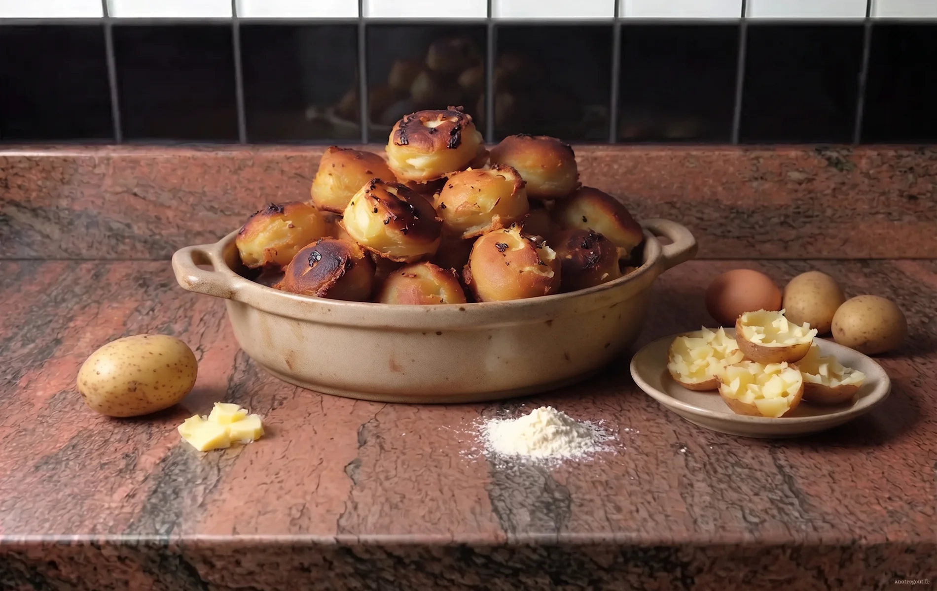 Pommes dauphines maison dorées et croustillantes, présentées dans un plat en céramique beige