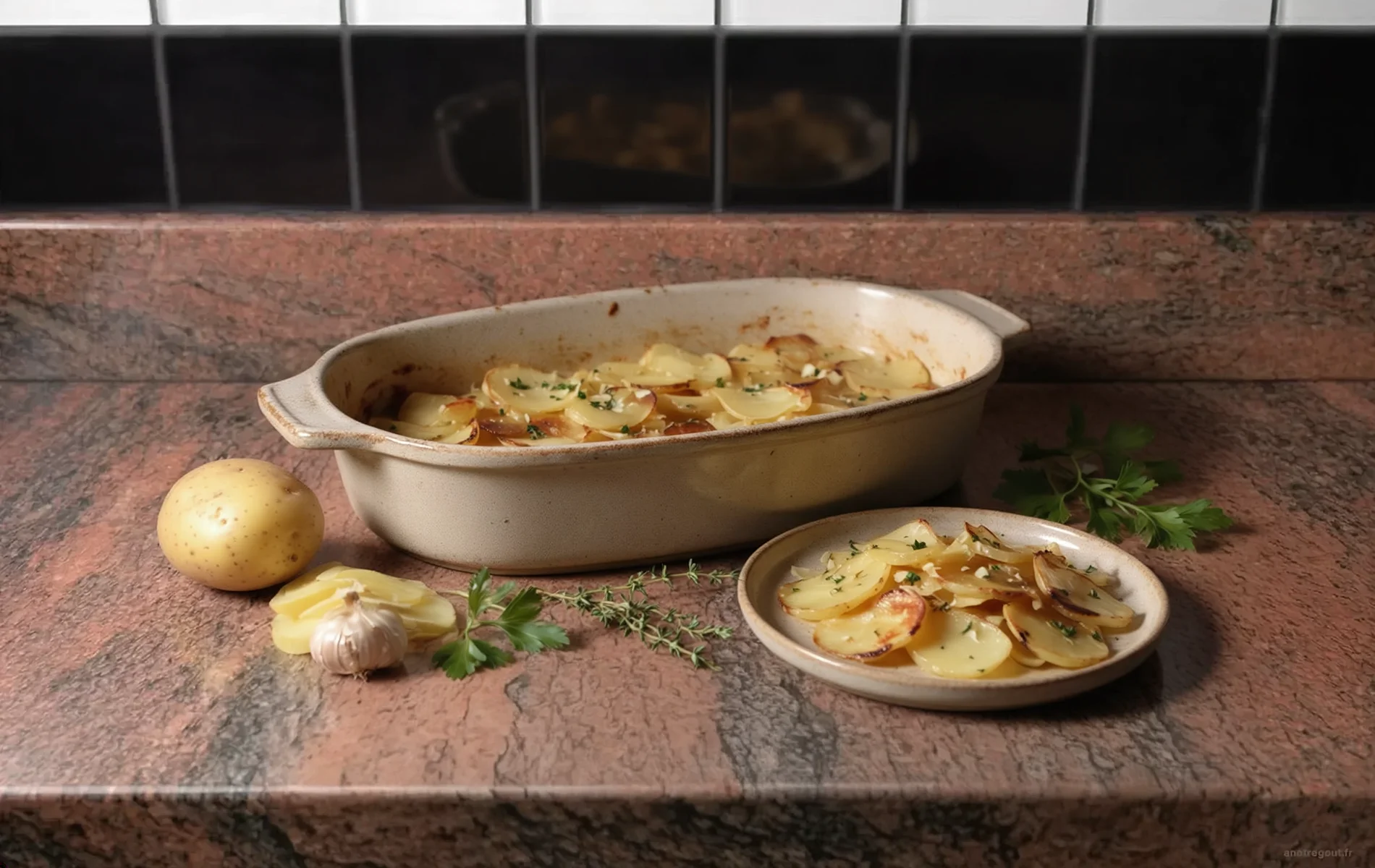 Plat en grès rempli de pommes de terre sarladaises aux rondelles dorées, accompagné d'une petite assiette de dégustation.