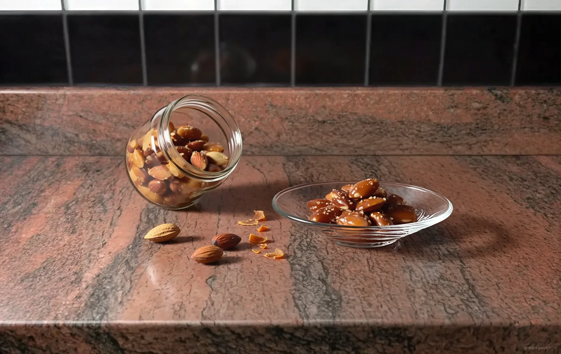 Amandes enti&egrave;res enrob&eacute;es de sucre caram&eacute;lis&eacute;, pr&eacute;sent&eacute;es dans une coupelle avec quelques pralines dispos&eacute;es autour.