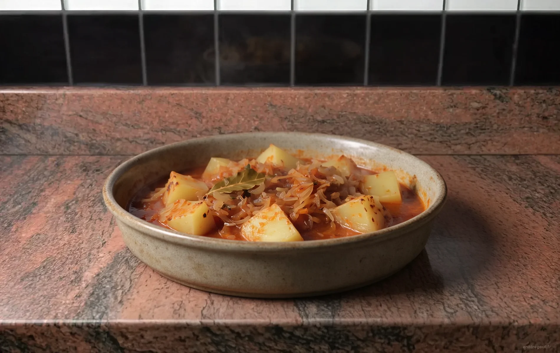 Rago&ucirc;t de pommes de terre aux oignons, mijot&eacute; avec une feuille de laurier, servi chaud dans un plat rustique.