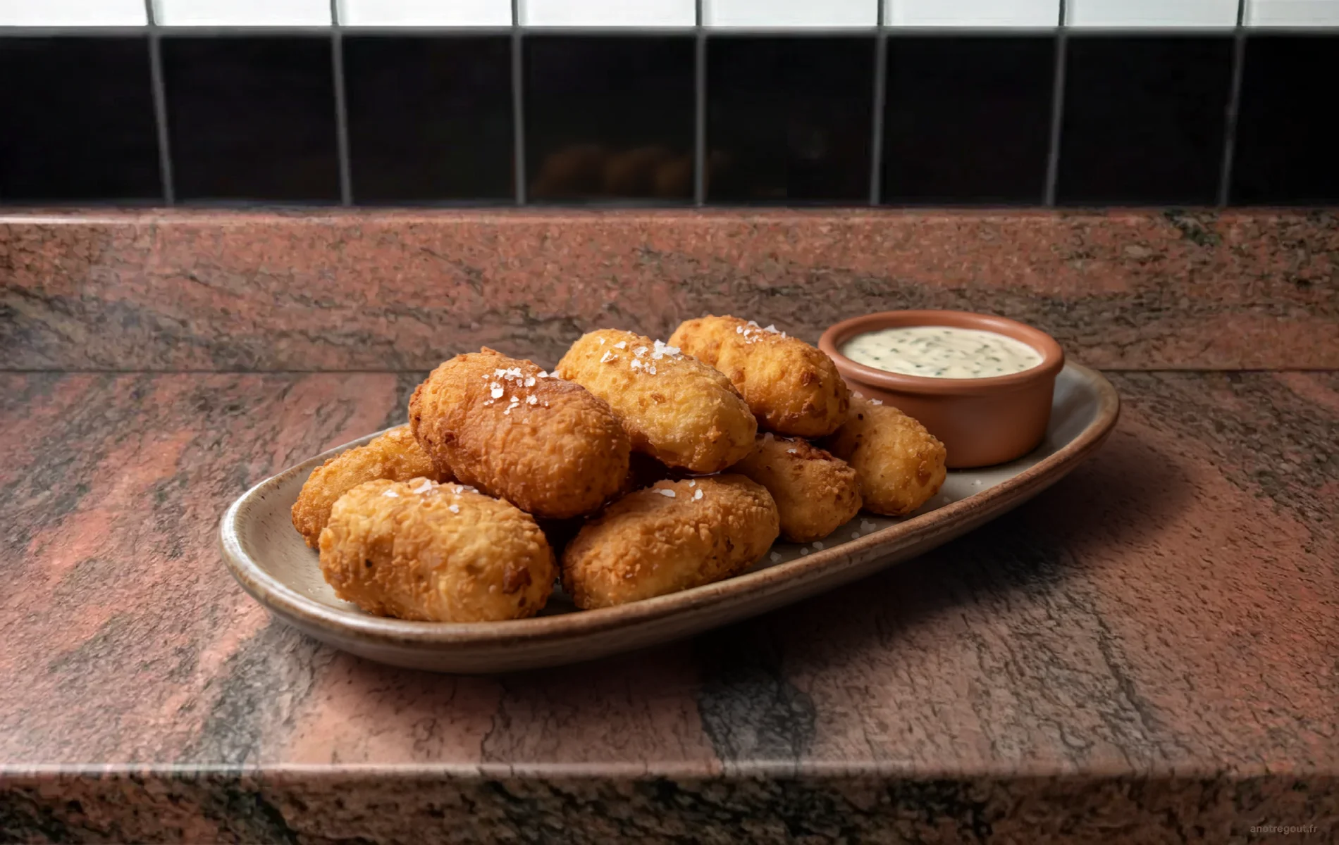 Ravioles du Champsaur dor&eacute;es, servies chaudes dans un plat familial avec une texture de beignets de pommes de terre.