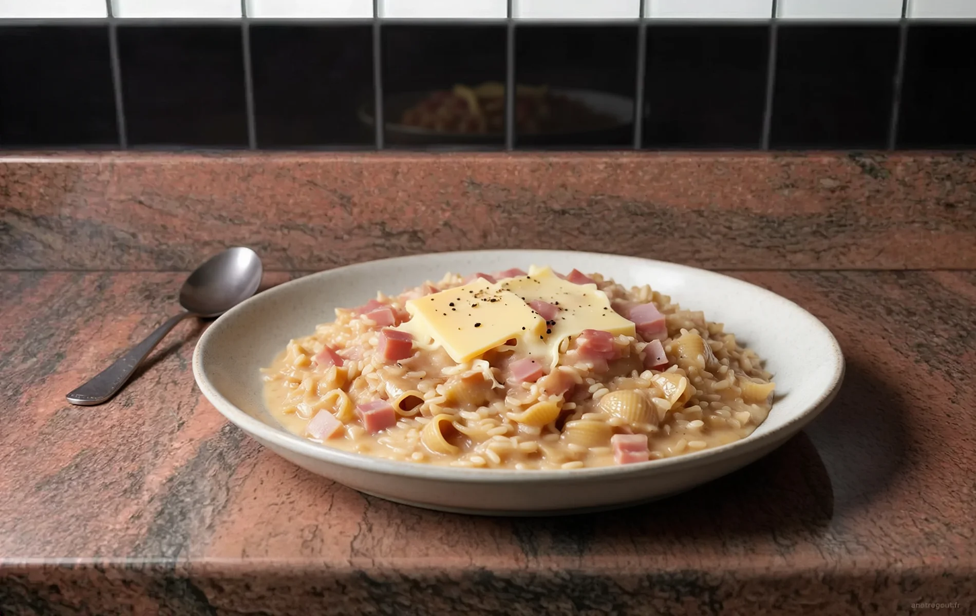 Risotto crémeux de coquillettes complètes aux dés de jambon et au Comté fondu, servi dans une assiette creuse.