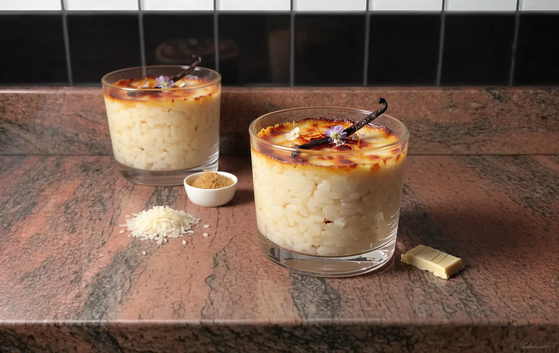 Riz au lait Atomik de Christophe Michalak servi en verrines avec une fine cro&ucirc;te de caramel, vanille, safran et chocolat blanc.
