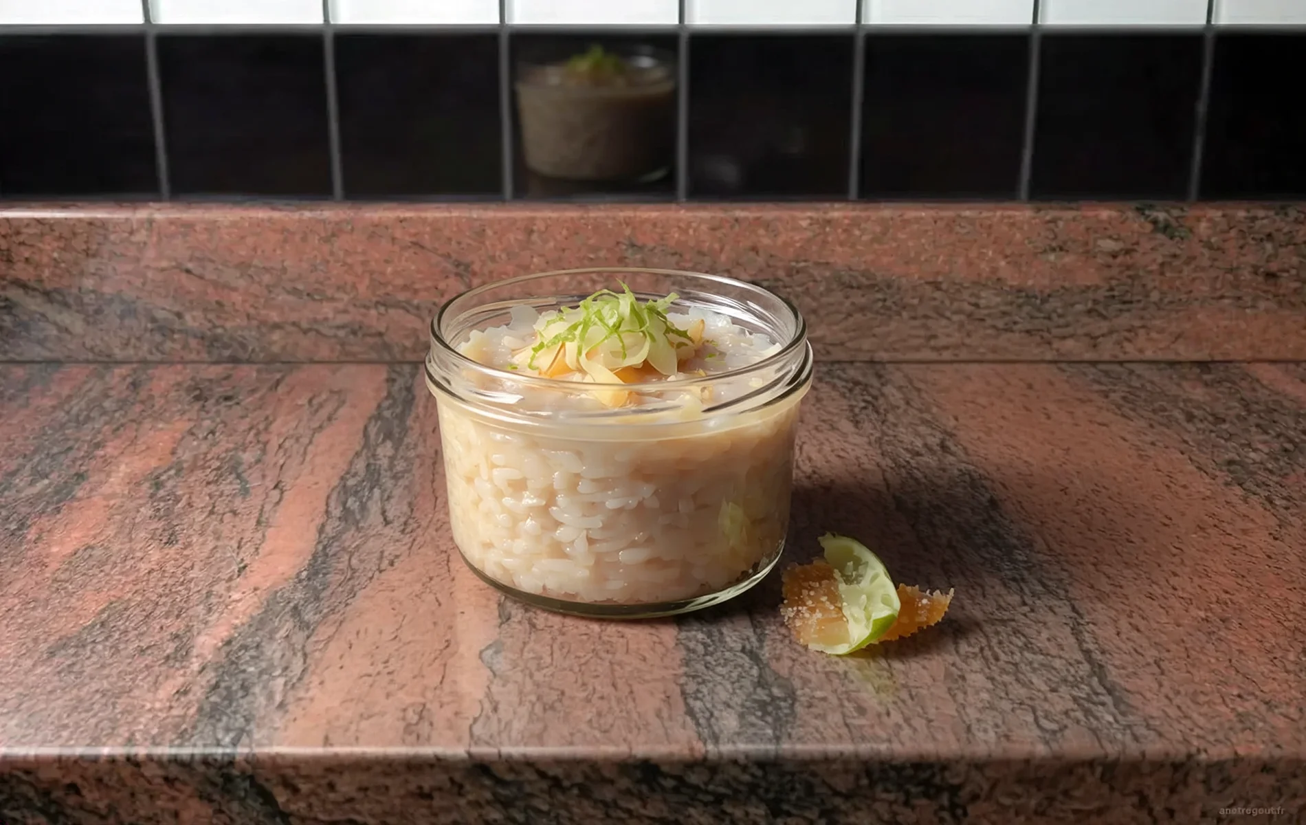 Riz au lait &agrave; la noix de coco et au gingembre servi dans une verrine en verre, garni de zestes de citron vert, de gingembre confit et de noix de coco grill&eacute;e.