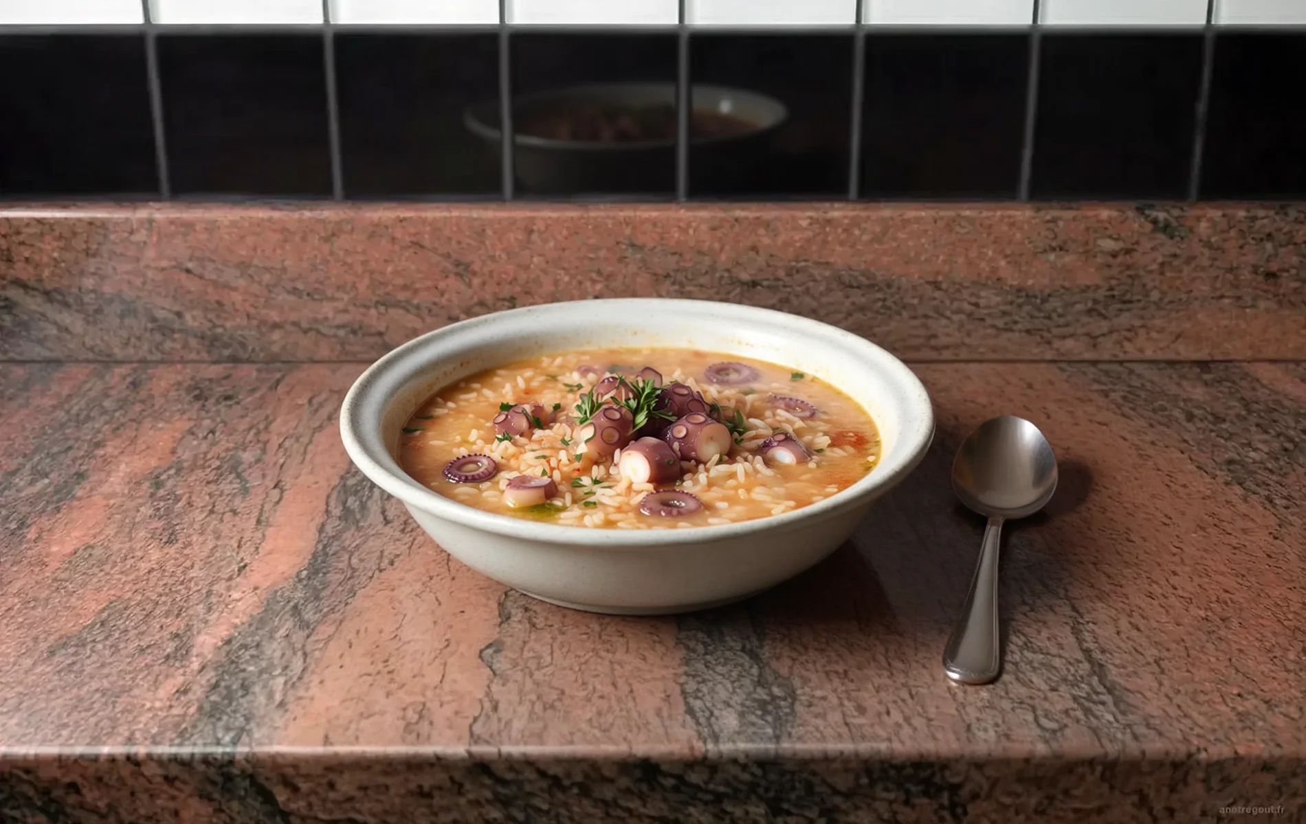 Riz au poulpe portugais servi bien chaud dans une assiette creuse, avec des morceaux de poulpe, un riz crémeux, du persil frais