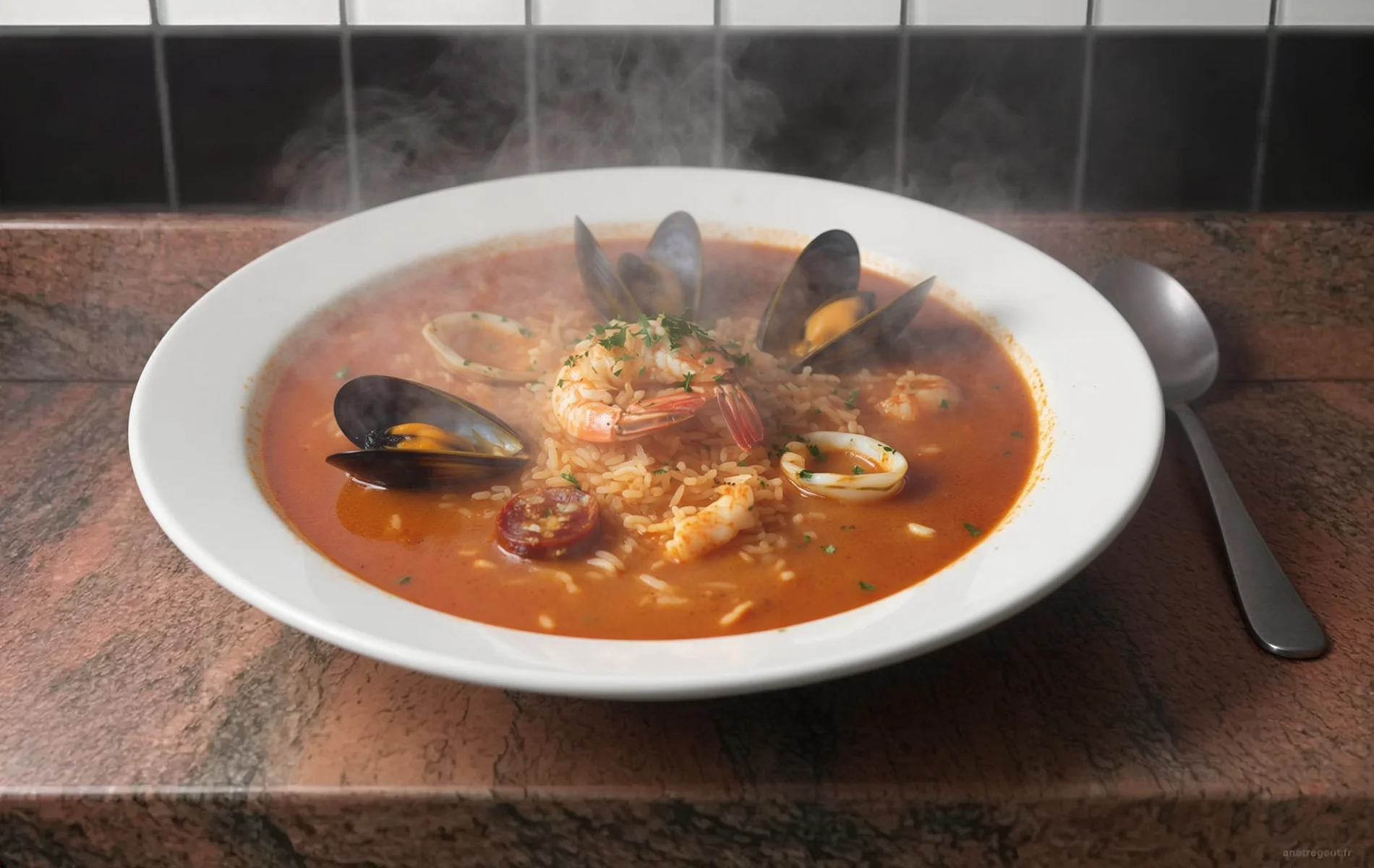 Riz aux fruits de mer servi bien chaud dans une assiette creuse, avec moules, crevettes, calamars, chouriço, persil frais et un bouillon crémeux à la bisque de homard.