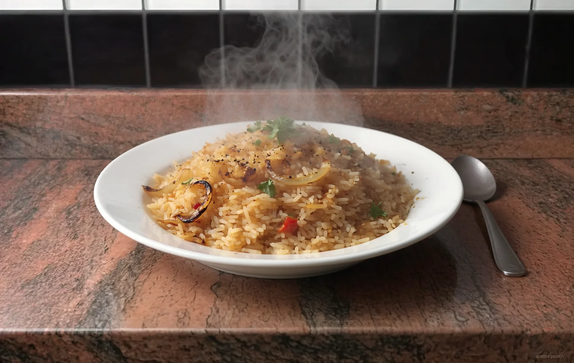 Riz chauff&eacute; r&eacute;unionnais pr&eacute;par&eacute; avec du riz de la veille, des oignons dor&eacute;s, du piment et des grains l&eacute;g&egrave;rement croustillants, servi bien chaud.