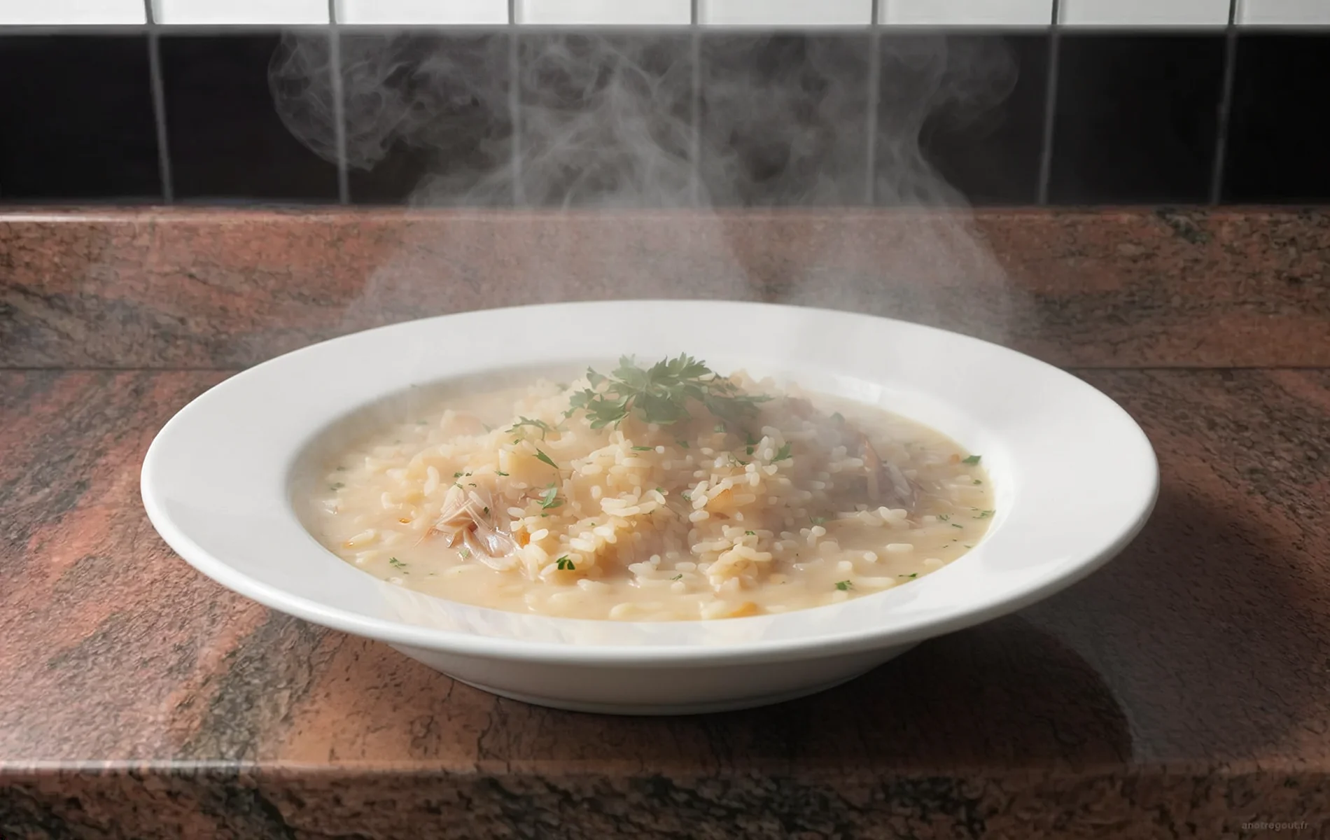Riz cr&eacute;meux aux barbes de coquilles Saint-Jacques, servi bien chaud dans une assiette creuse et parsem&eacute; de persil frais.